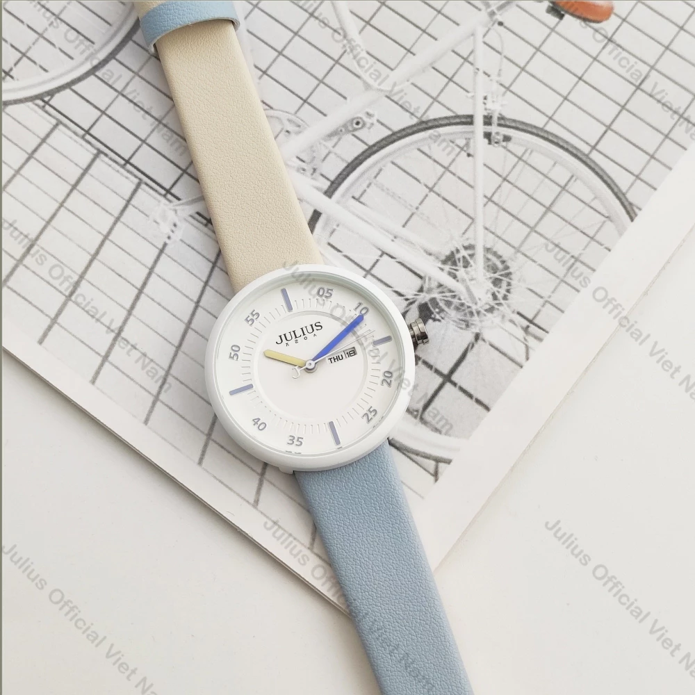 Đồng hồ nữ dây da sắc màu, đồng hồ thời trang nữ, đồng hồ trẻ em Julius JA-1492B (Xanh Vàng)