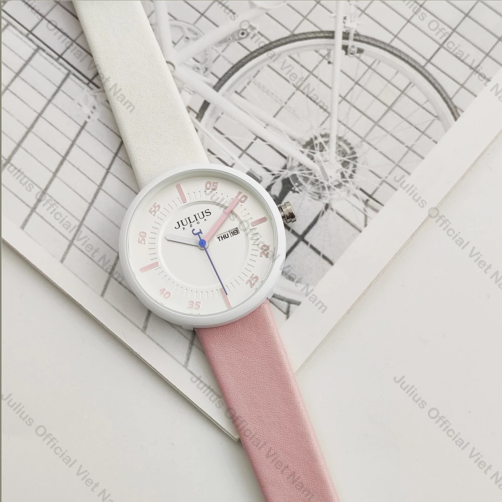 Đồng hồ nữ dây da sắc màu, đồng hồ thời trang nữ, đồng hồ trẻ em Julius JA-1492A (Hồng Trắng)