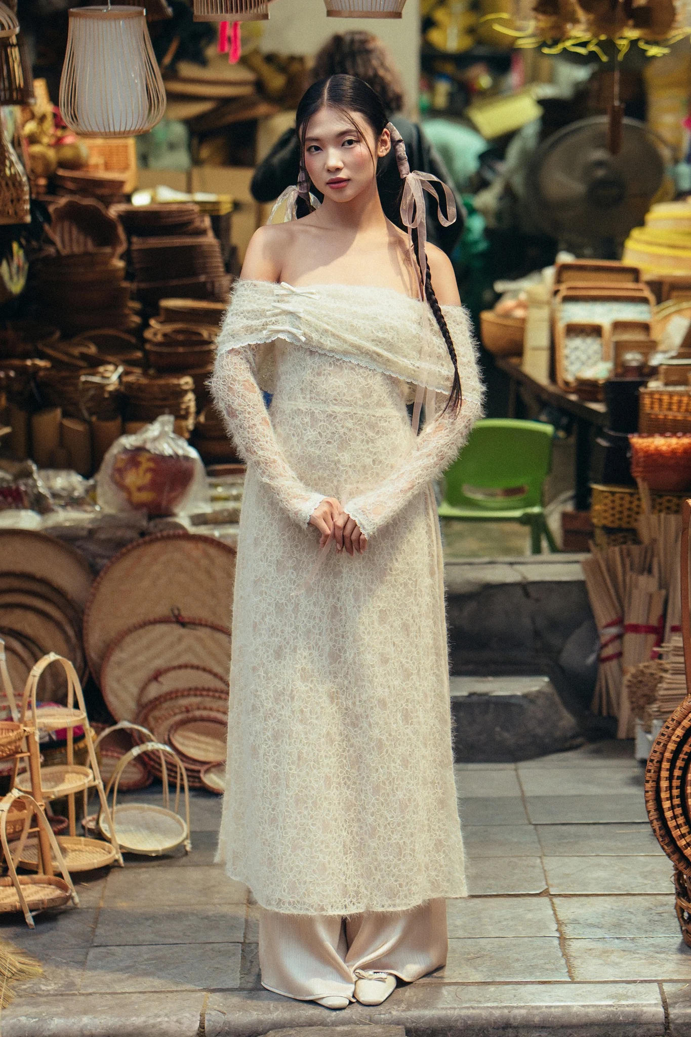 Bộ áo dài nữ lưới ren mây bồng bềnh