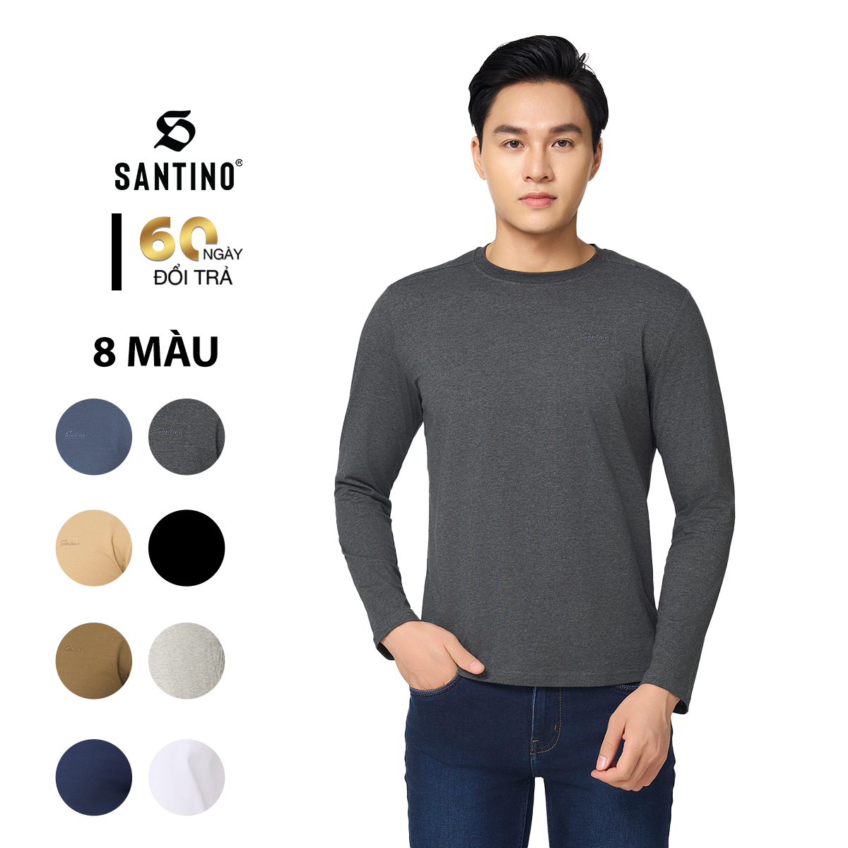 SANTINO - Áo Thun Nam Dài Tay Thu Đông Cổ Tròn, Cotton Giữ Ấm, Khoẻ Khoắn, Trẻ Trung P710