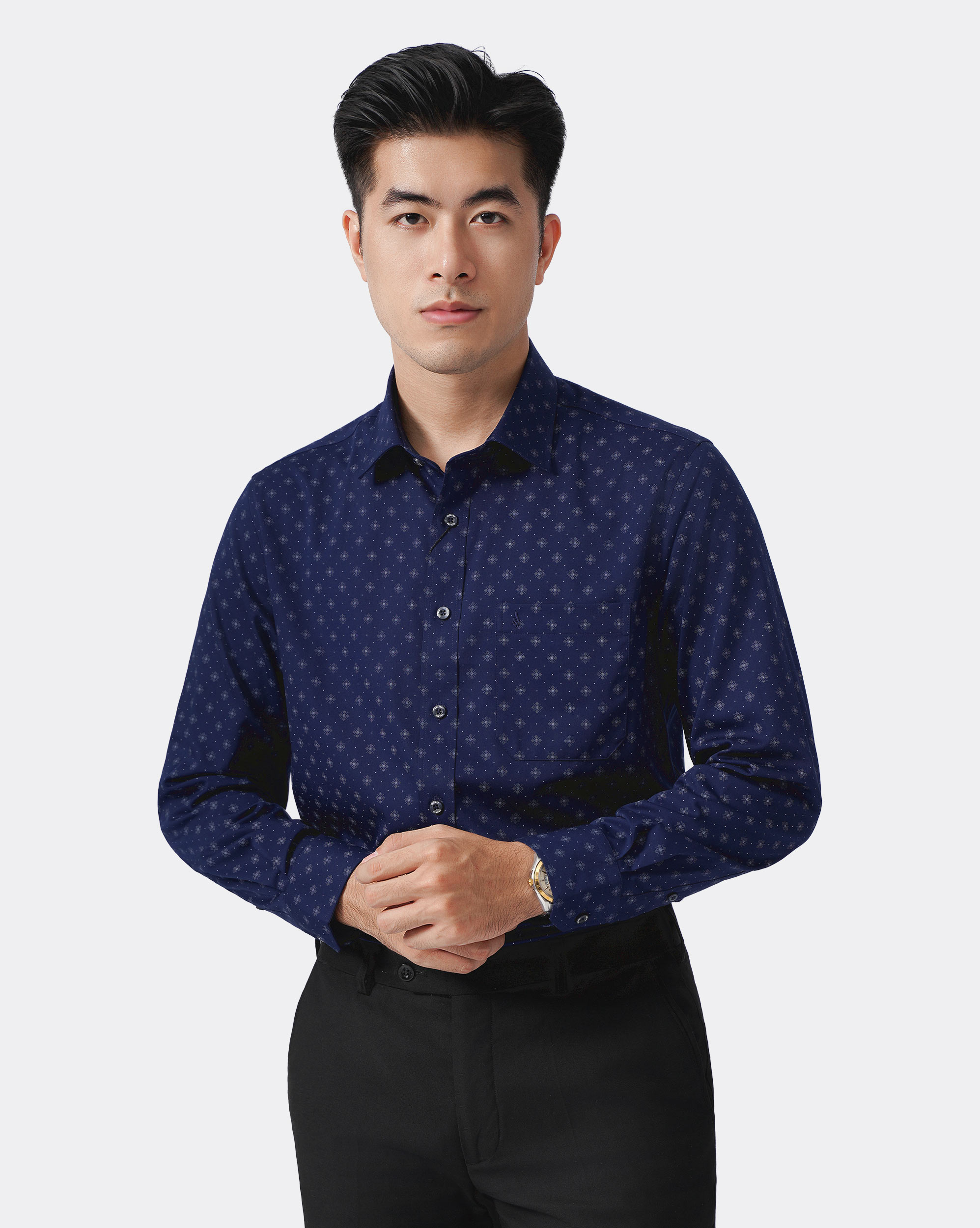 Áo sơ mi dài tay nam màu xanh tím than họa tiết bông tuyết 4042A