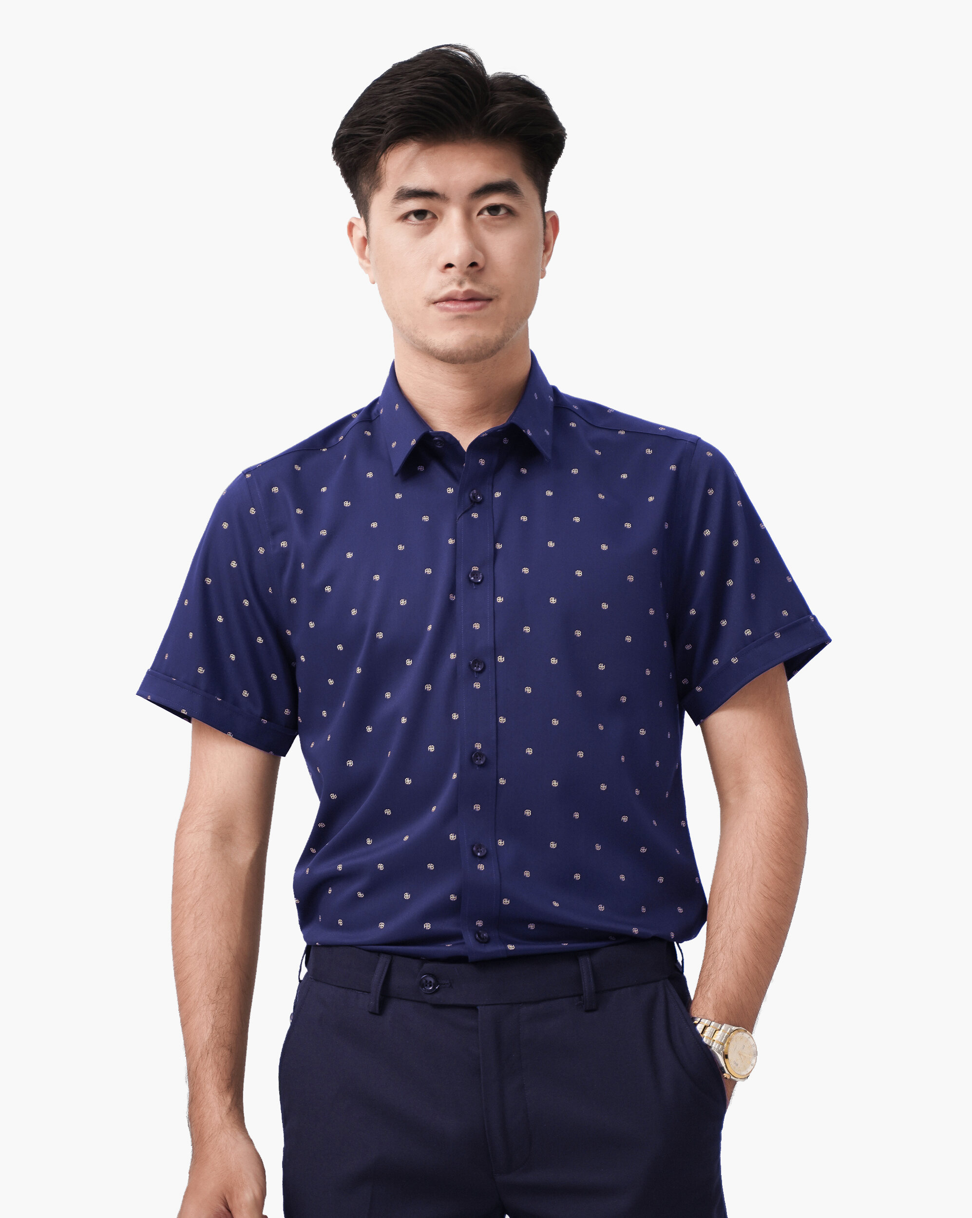 Áo sơ mi ngắn tay nam màu xanh tím than họa tiết chữ AB 4044A