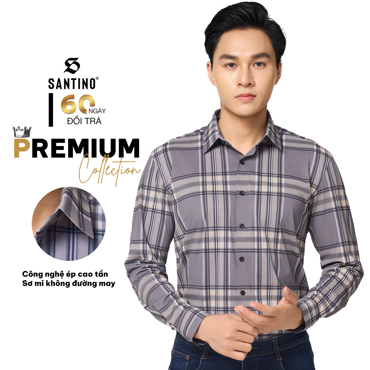 SANTINO - Áo Sơ Mi Nam Dài Tay Kẻ Sọc Caro Cao Cấp, Không Đường May, Chất Polyamide Chống Nhăn S766