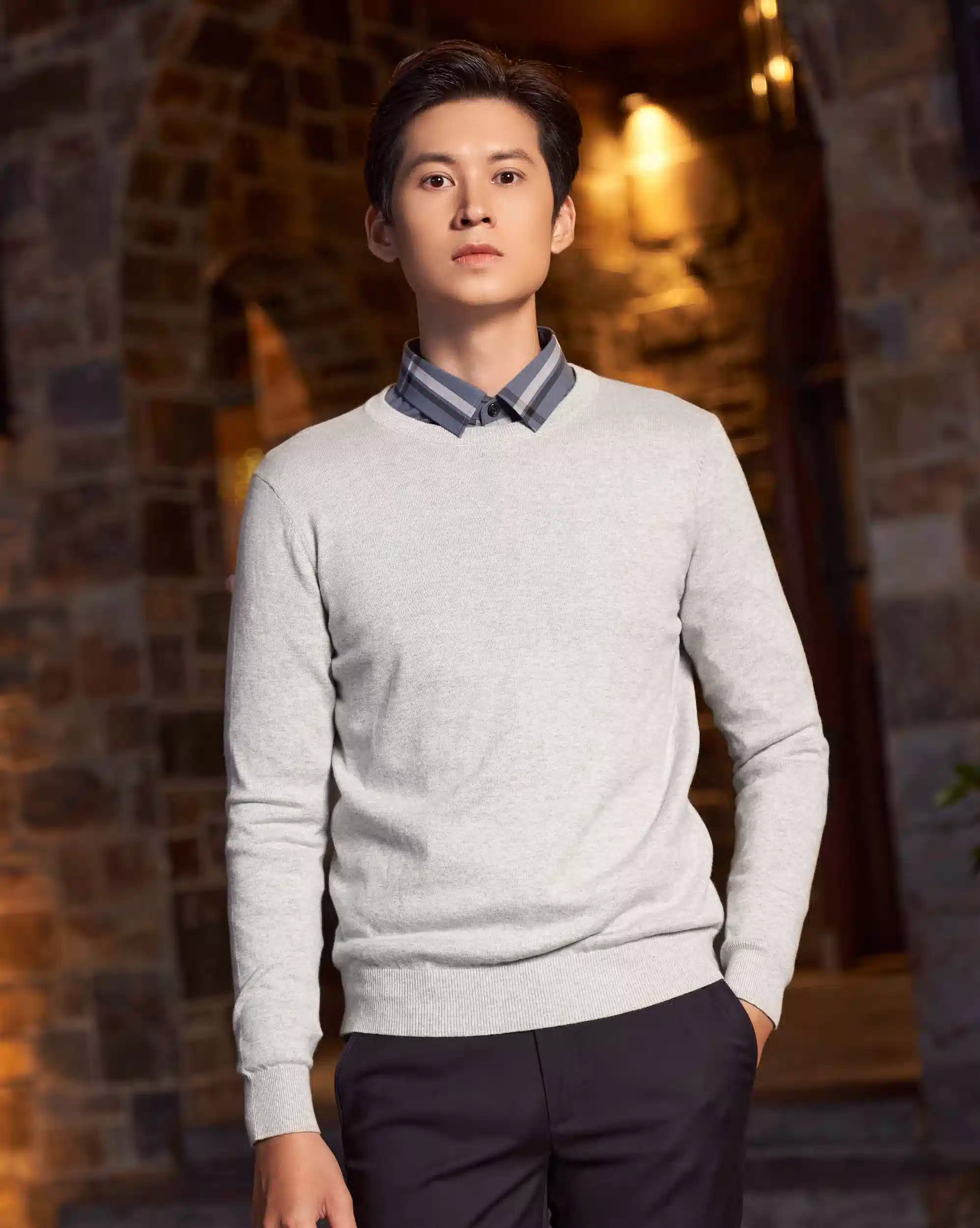 Áo len nam cotton màu xám 2003D