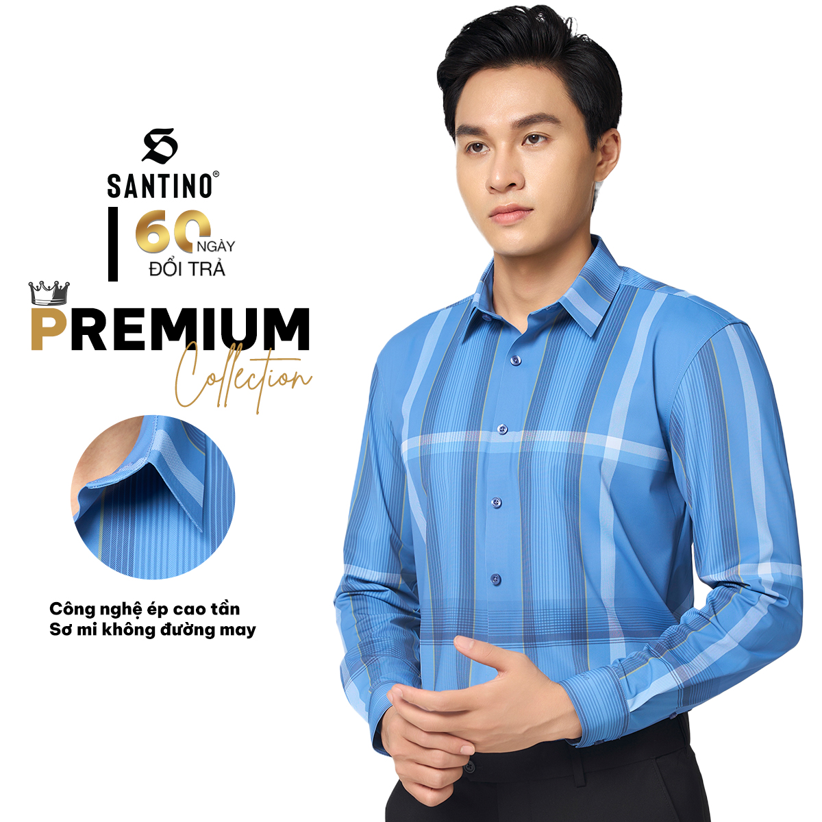 SANTINO - Áo Sơ Mi Nam Dài Tay Kẻ Sọc Caro Cao Cấp, Công Nghệ Không Đường May Hiện Đại, Chất Polyamide Chông Nhăn S760