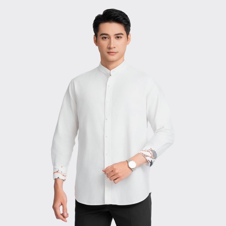 Aristino - Áo Sơ Mi Trắng Casual Nam Cổ Trụ In Hoạ Tiết ALSM110Z