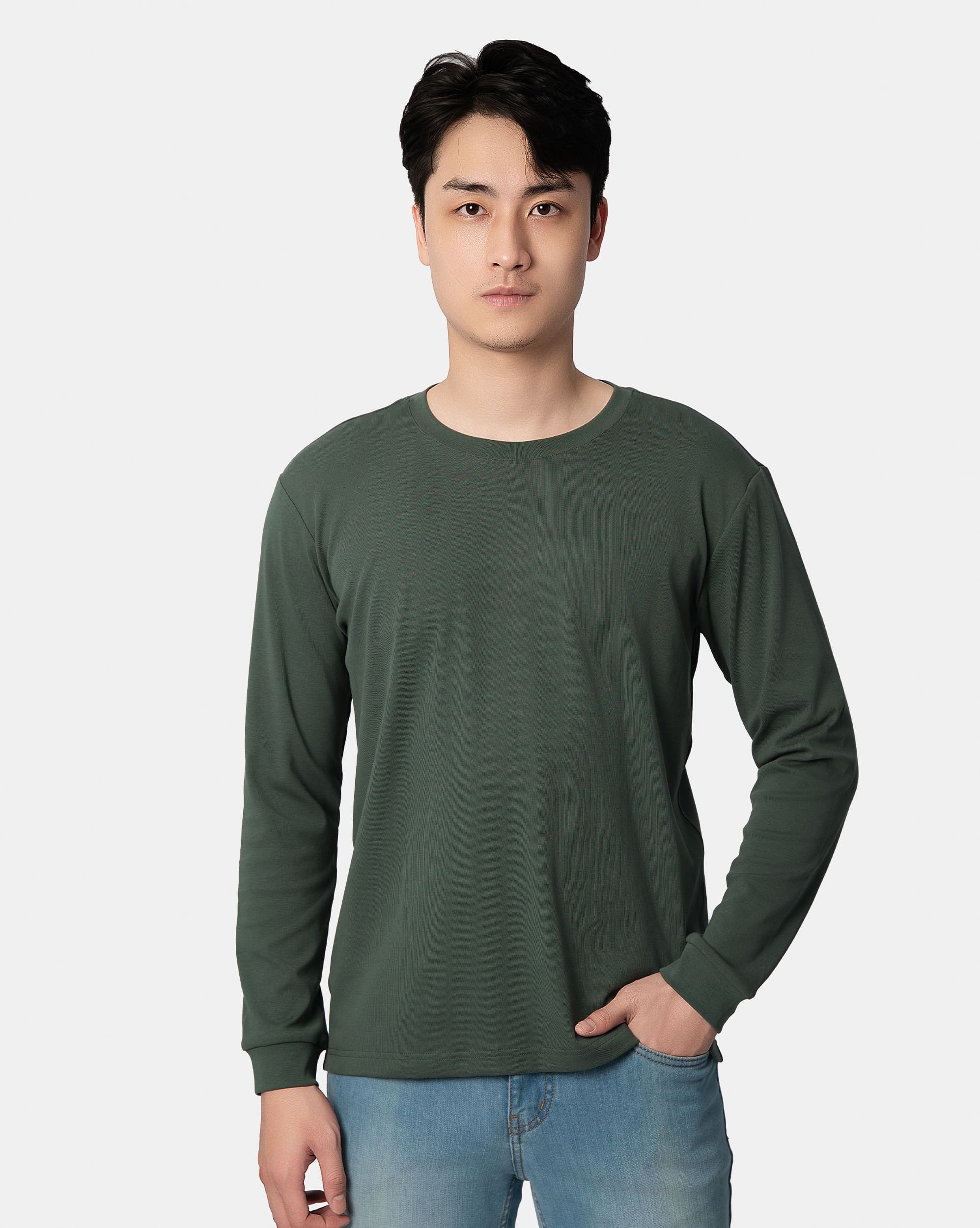 Áo giữ nhiệt nam cổ tròn màu xanh lục 4002E