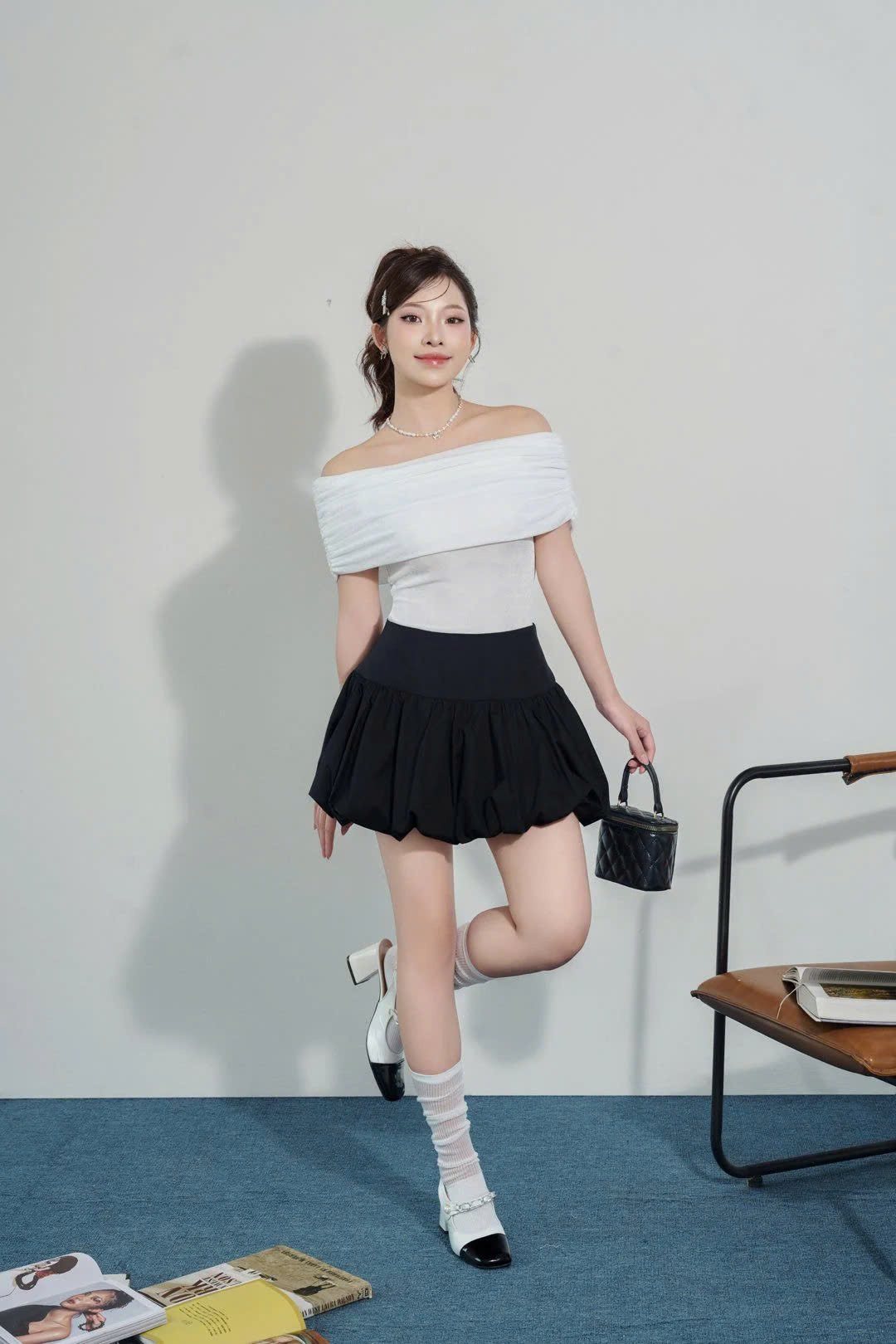 FAT5411 - Áo trễ vai vải len mỏng dáng ôm trễ vai dúm nhiều - JAN By PANTIO