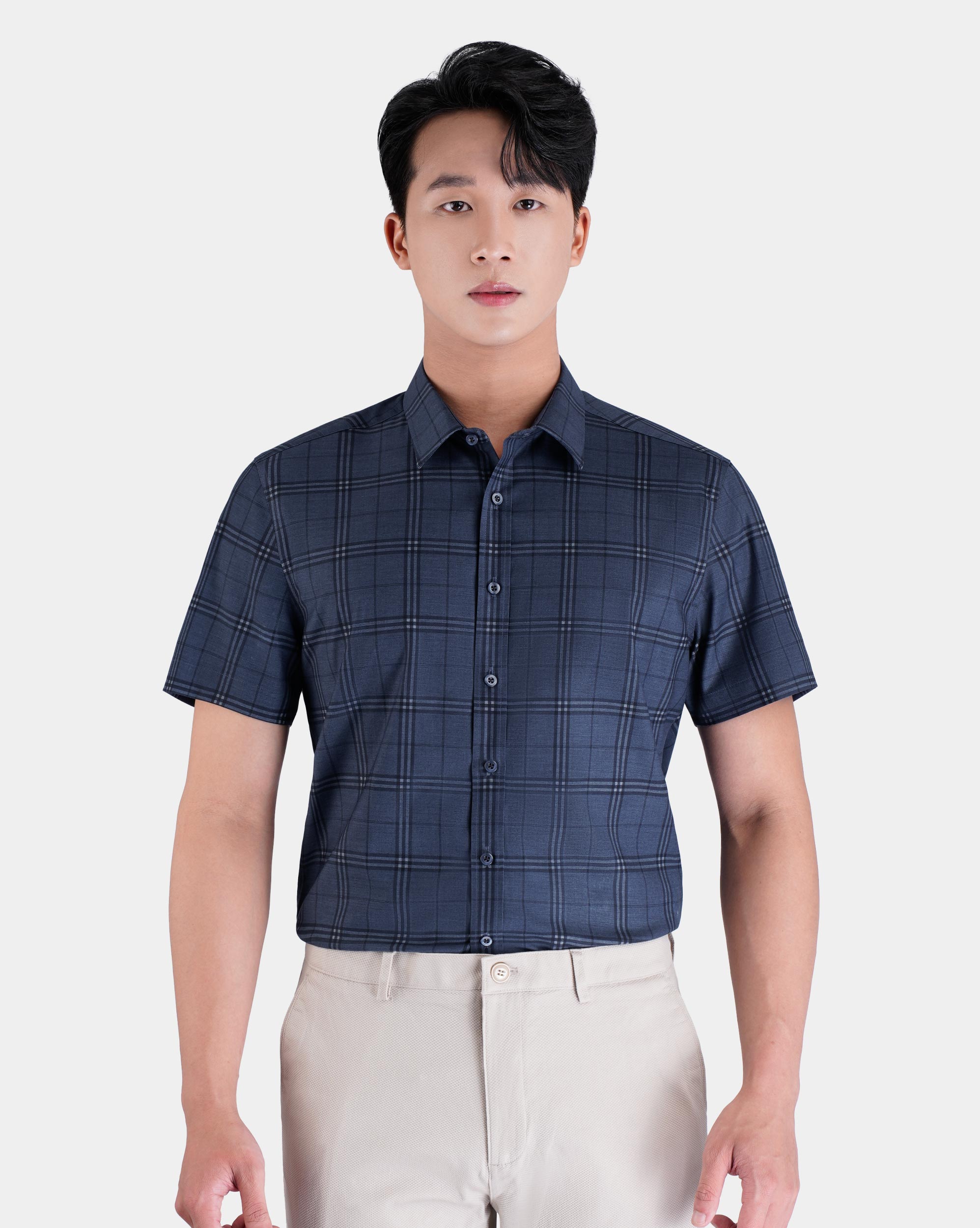 Áo sơ mi ngắn tay nam kẻ caro màu xám xanh 4029D