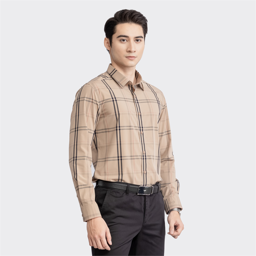 Áo sơ mi dài tay Aristino ALS07703 màu Be kẻ đen