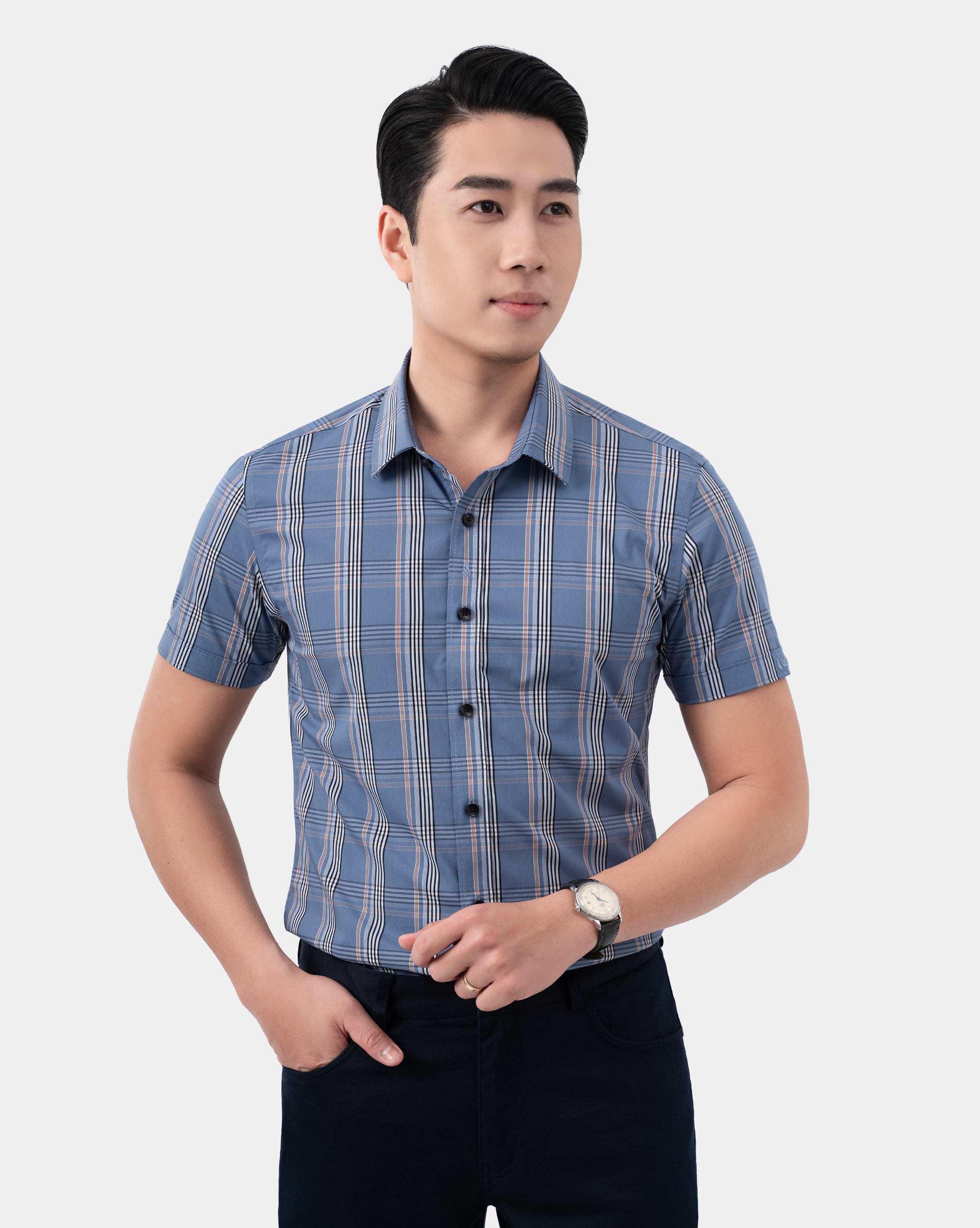 Áo sơ mi ngắn tay nam dáng slim màu xanh đá 4021A