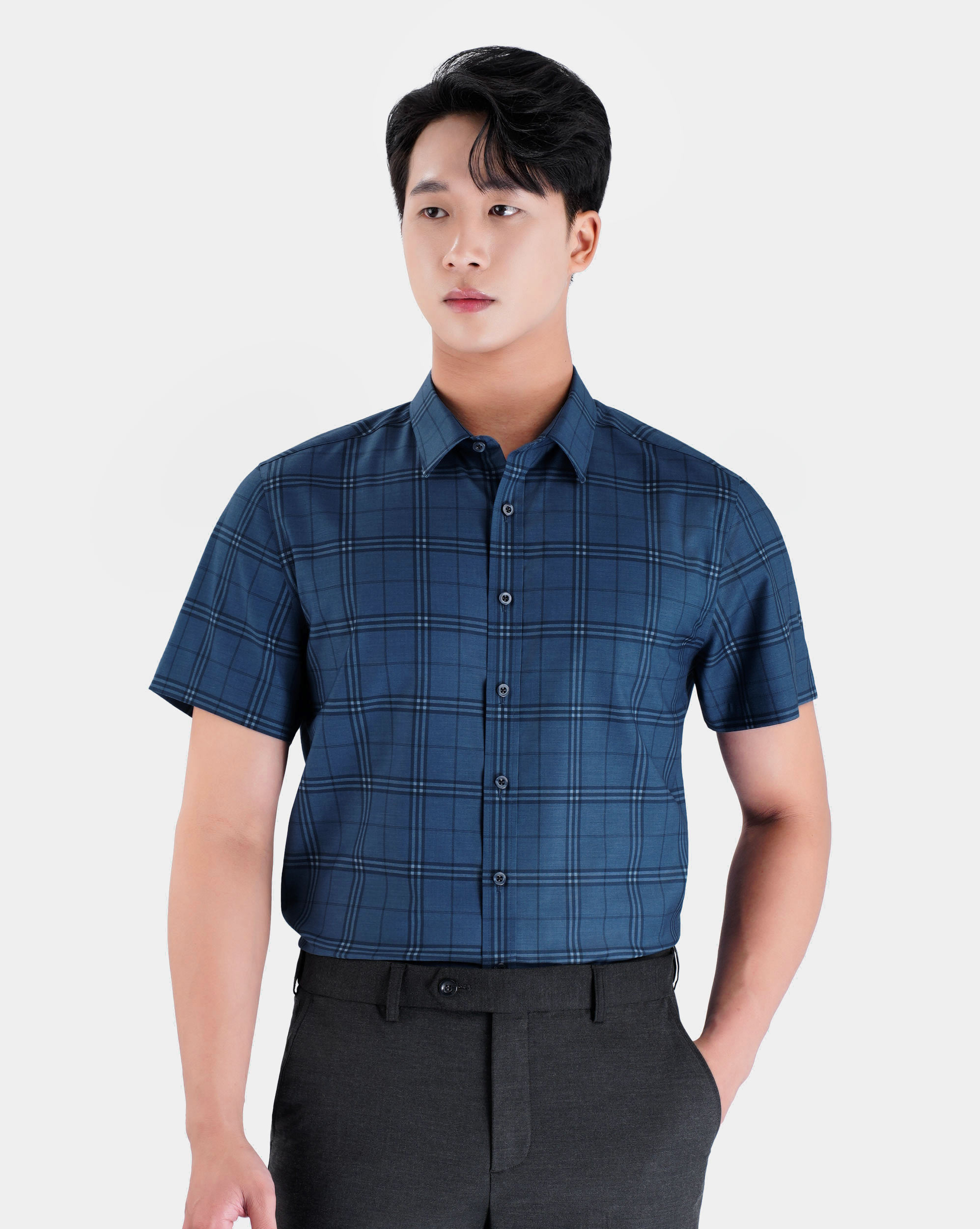 Áo sơ mi ngắn tay nam họa tiết kẻ xanh xám 4029C