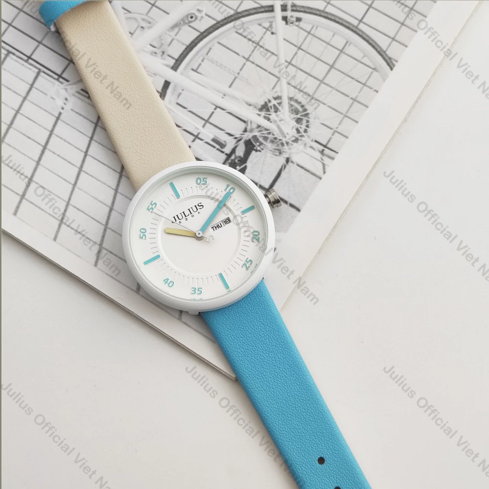 Đồng hồ nữ dây da sắc màu, đồng hồ thời trang nữ, đồng hồ trẻ em Julius JA-1492D (Xanh)