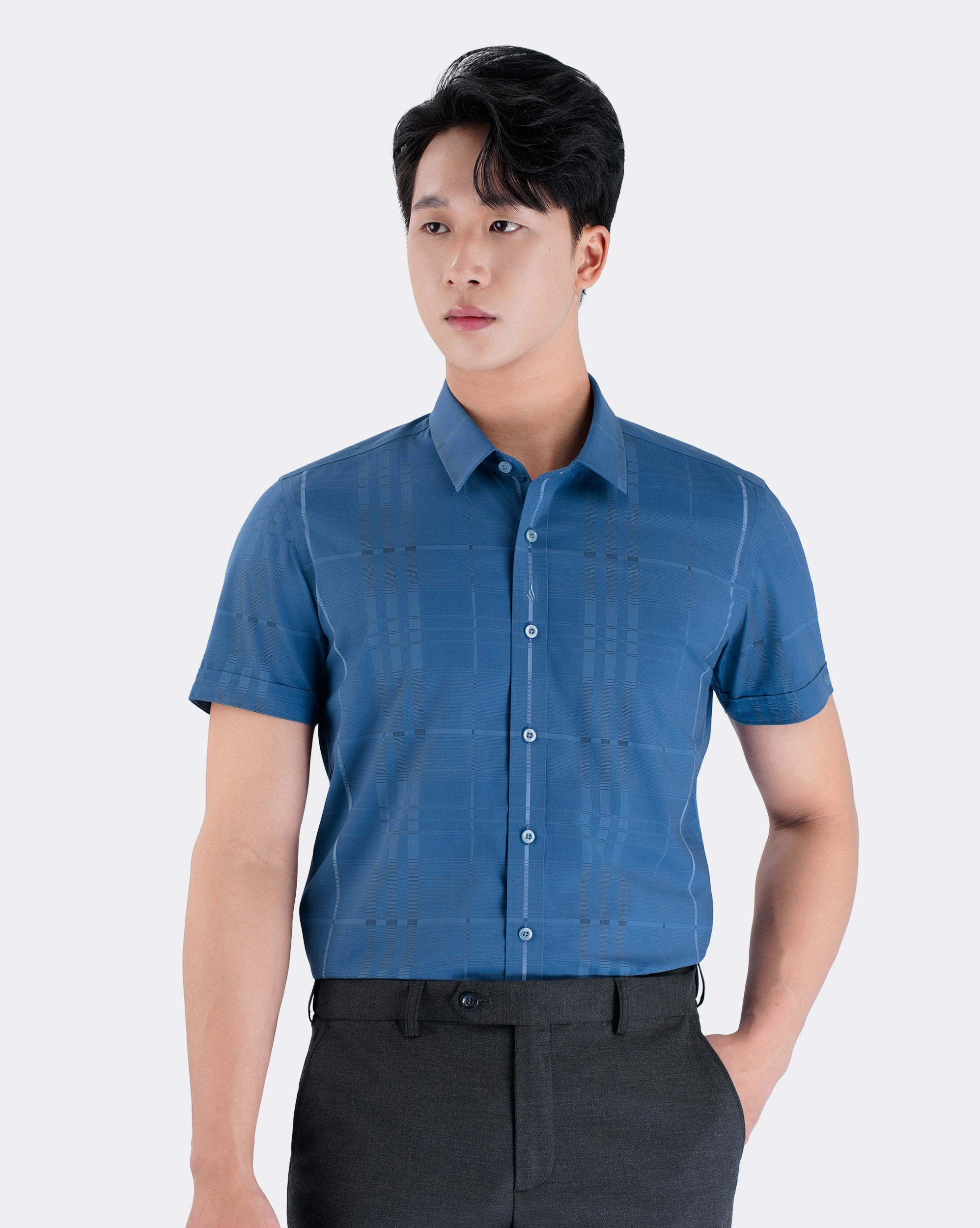 Áo sơ mi ngắn tay nam họa tiết kẻ màu xanh 4033A