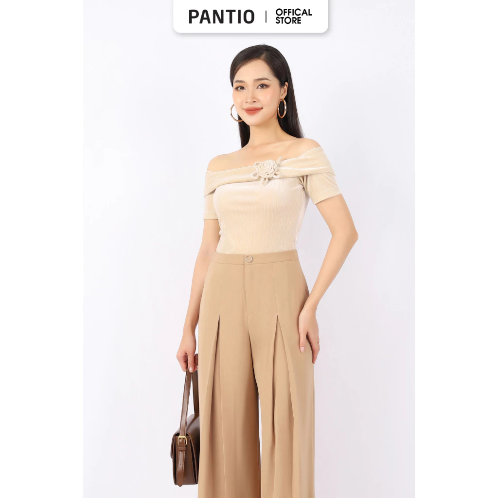 FAT1288 - Áo kiểu công sở vải nhung dáng ôm ngang vai phối hoa 3D trang trí - PANTIO