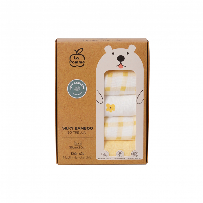MamanBébé - K001 Set 5 Khăn sữa sợi tre lụa La Pomme phối màu (30x30cm) - Kẻ hoa vàng