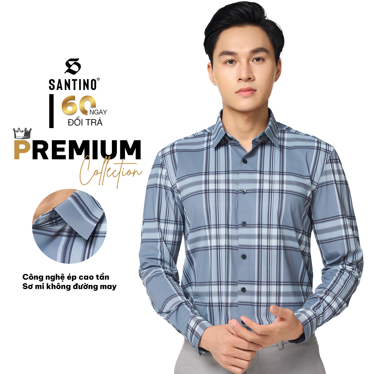 SANTINO - Áo Sơ Mi Nam Dài Tay Kẻ Sọc Caro Cao Cấp, Không Đường May, Chất Polyamide Chống Nhăn S767