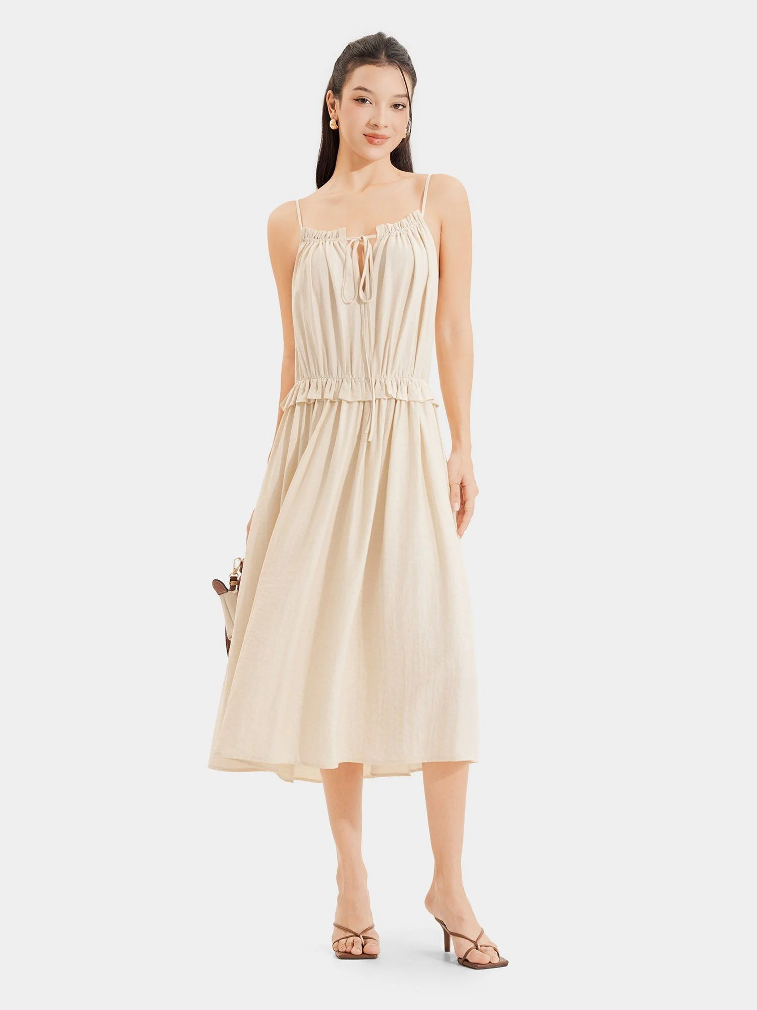 Marc - Đầm midi 2 dây vải đũi rút ngực thắt nơ