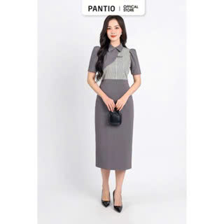 FDC34167 - Đầm công sở vải thô hai lớp lót habutai dáng bút chì dài cổ đức phối hoạ tiết kẻ sọc bất đối xứng - PANTIO