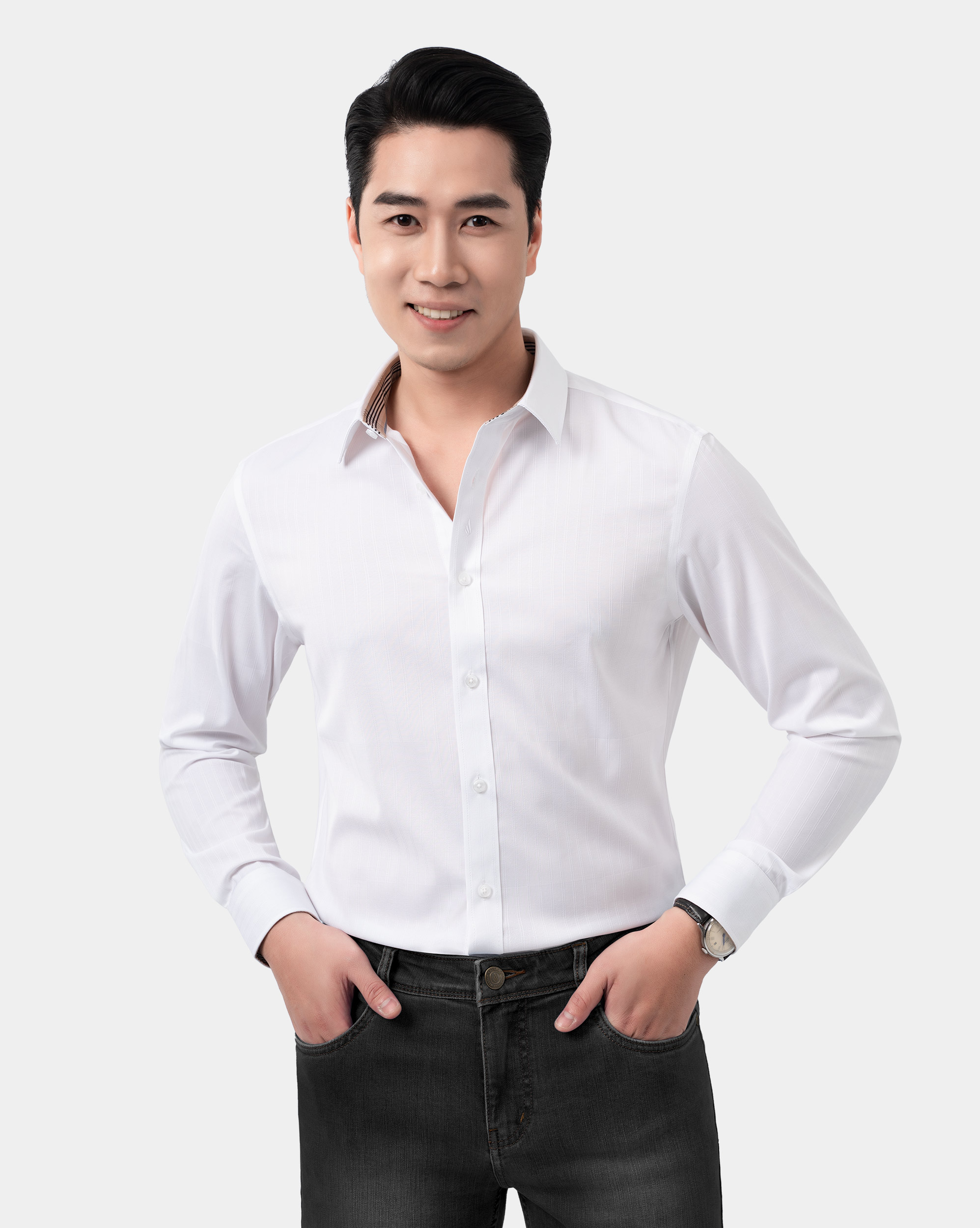 Áo sơ mi dài tay nam kẻ sọc nhỏ màu trắng 4027W