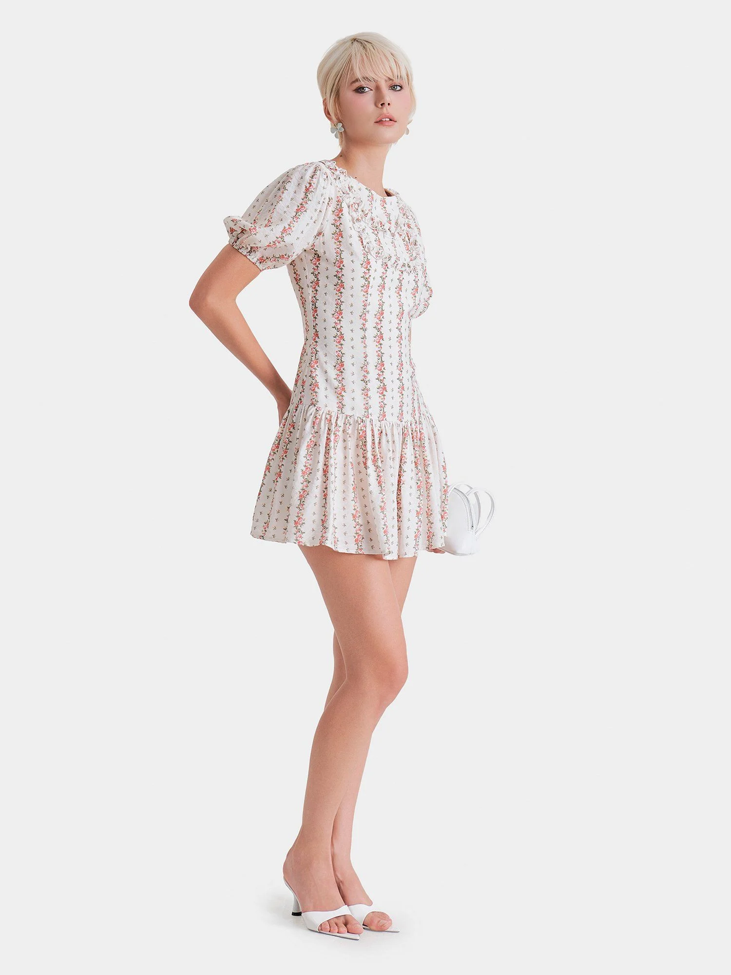 Marc - Đầm mini hoa hạ eo tay phồng cổ tròn