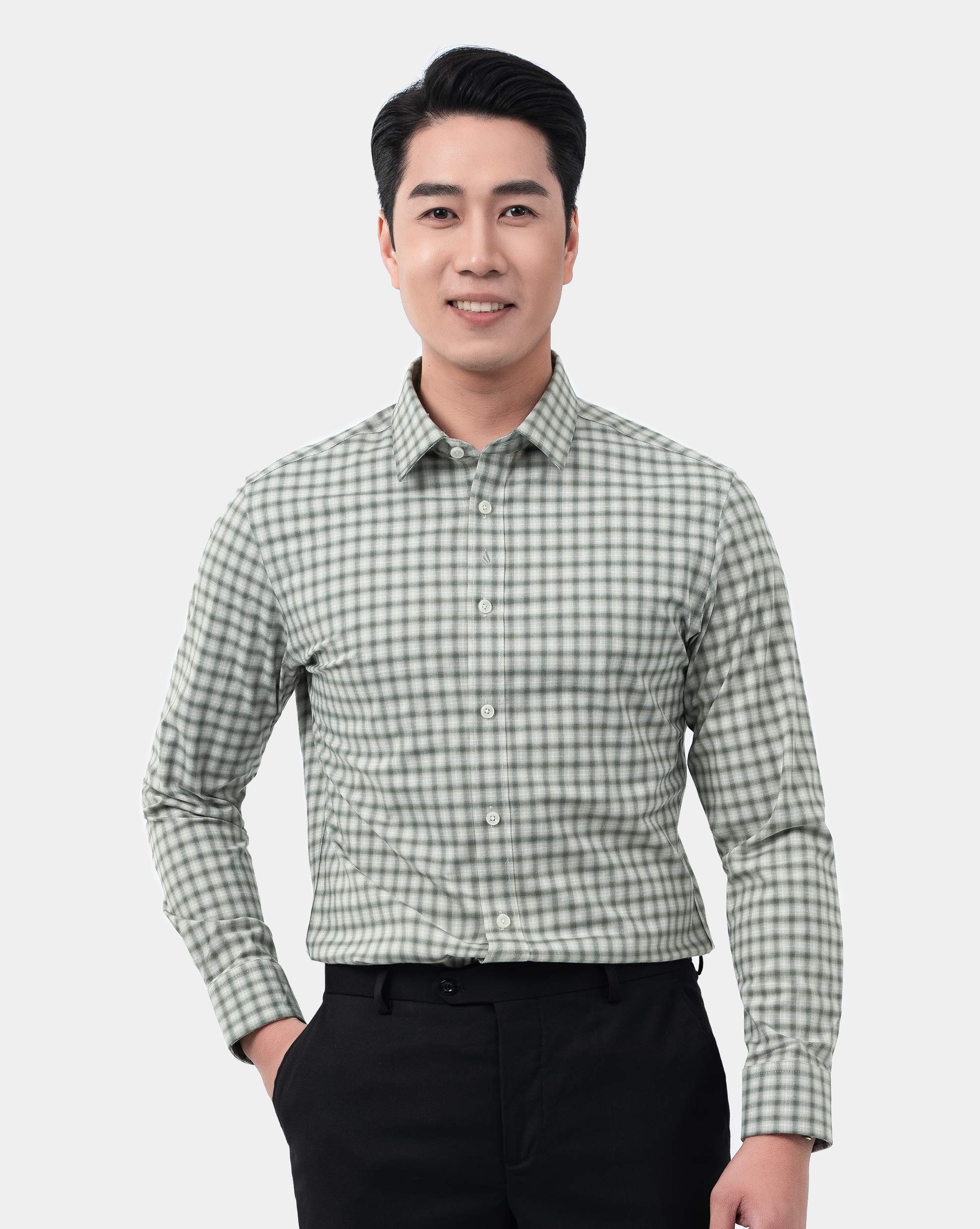 Áo sơ mi dài tay nam kẻ caro màu xanh rêu 4025A