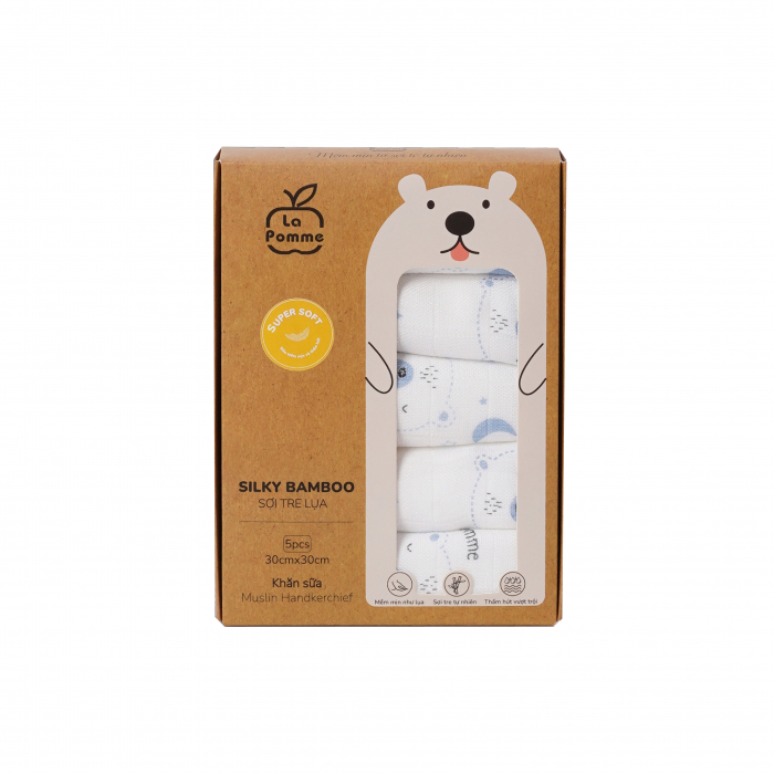 MamanBébé - K001 Set 5 Khăn sữa sợi tre lụa La Pomme phối màu (30x30cm) - Gấu xanh