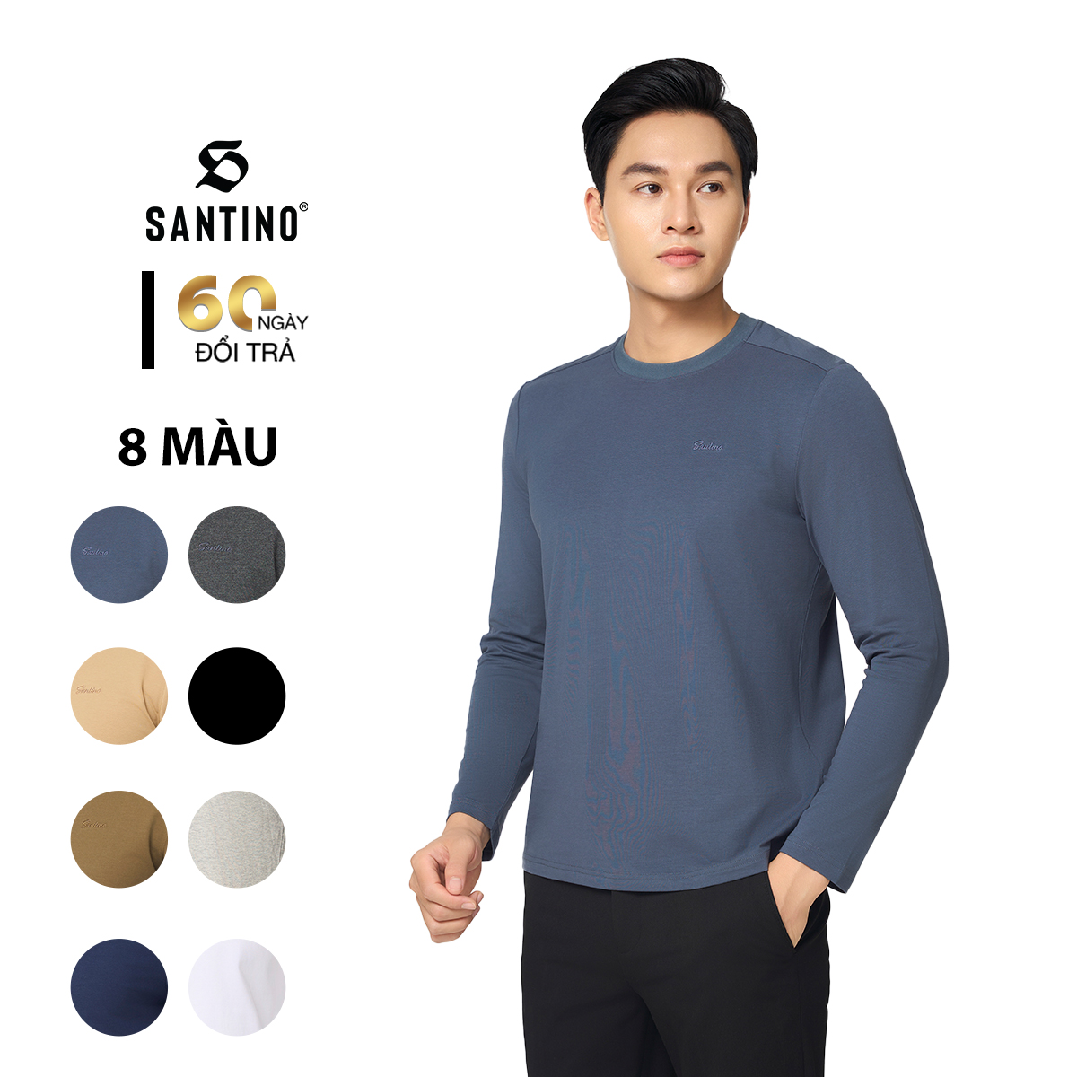 SANTINO - Áo Thun Nam Dài Tay Thu Đông Cổ Tròn, Cotton Giữ Ấm, Khoẻ Khoắn, Trẻ Trung P709