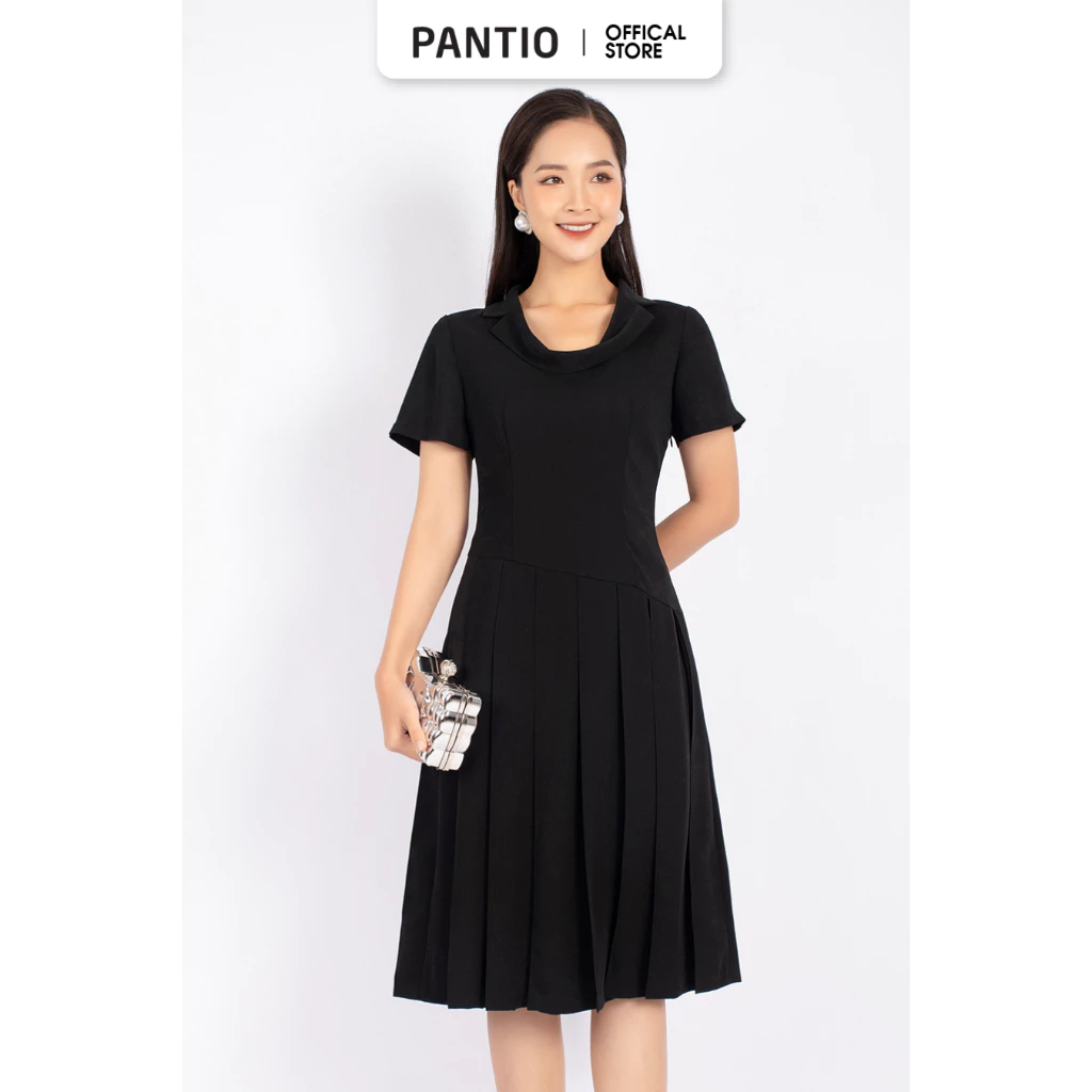 FDC73502 - Đầm công sở vải tuytsi dáng xòe cổ tròn đổ chân váy xếp ly khóa sườn