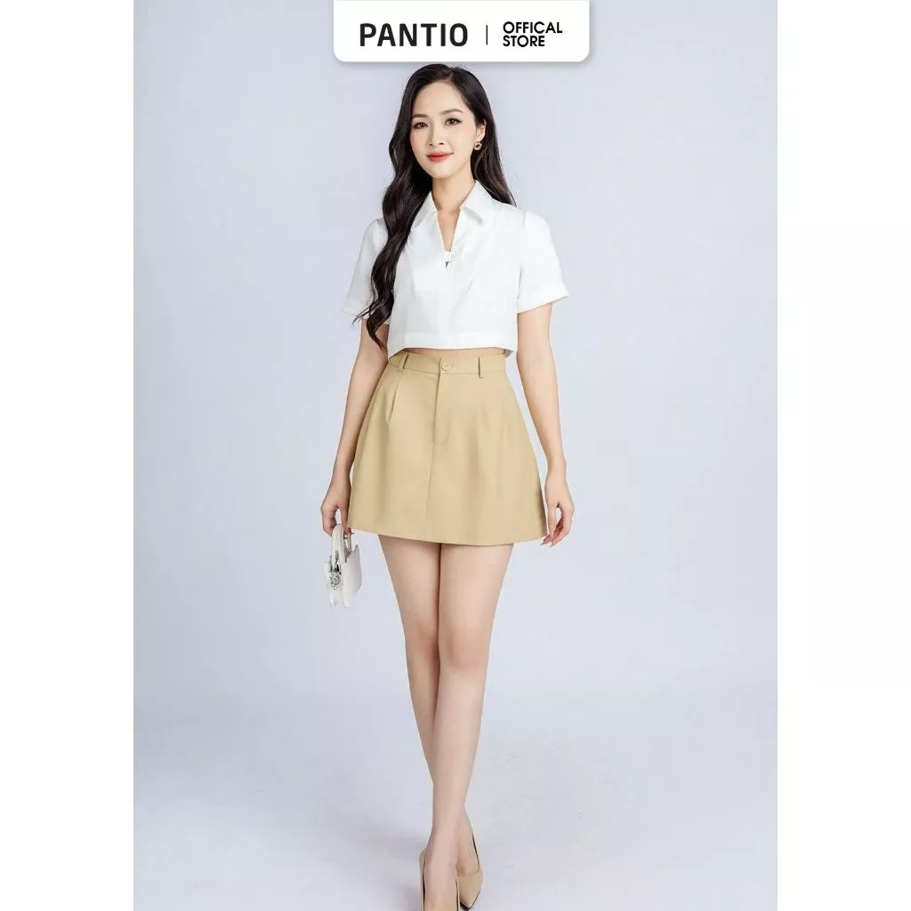 FAK31345 - Áo kiểu dạo phố vải thô dáng croptop cổ đức xẻ V phối nẹp đính cúc trang trí - PANTIO