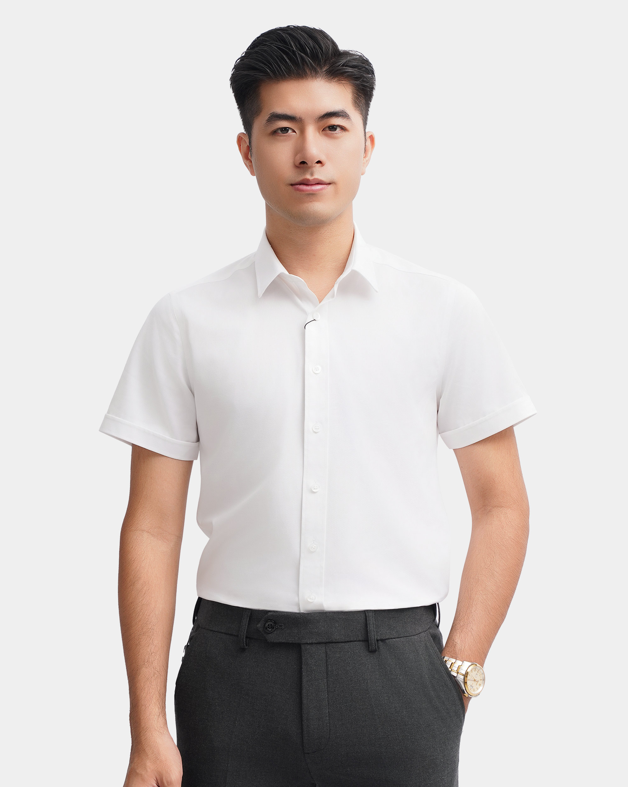 Áo sơ mi ngắn tay nam vân kẻ chìm màu trắng 4036W