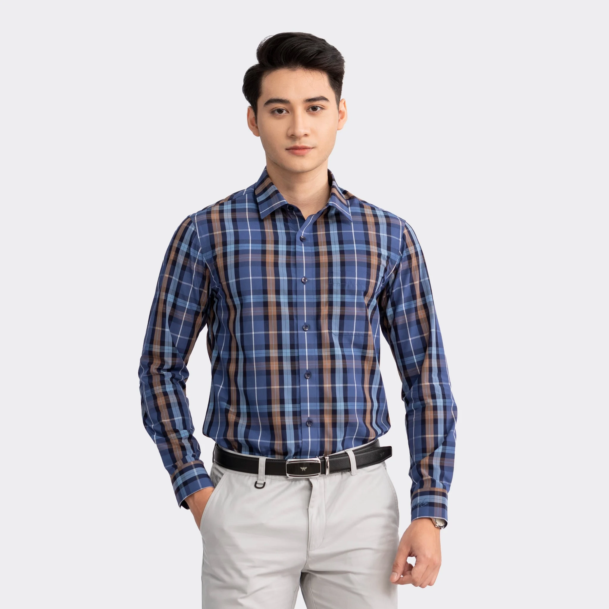 Aristino - Áo Sơ mi kẻ nâu Nam ALS15402