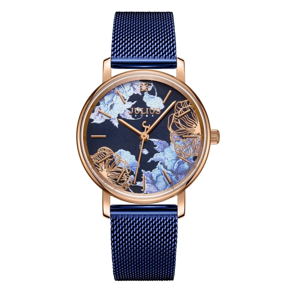 Đồng Hồ Dây Thép JS-033B Julius Hàn Quốc Đính kim cương (Xanh)