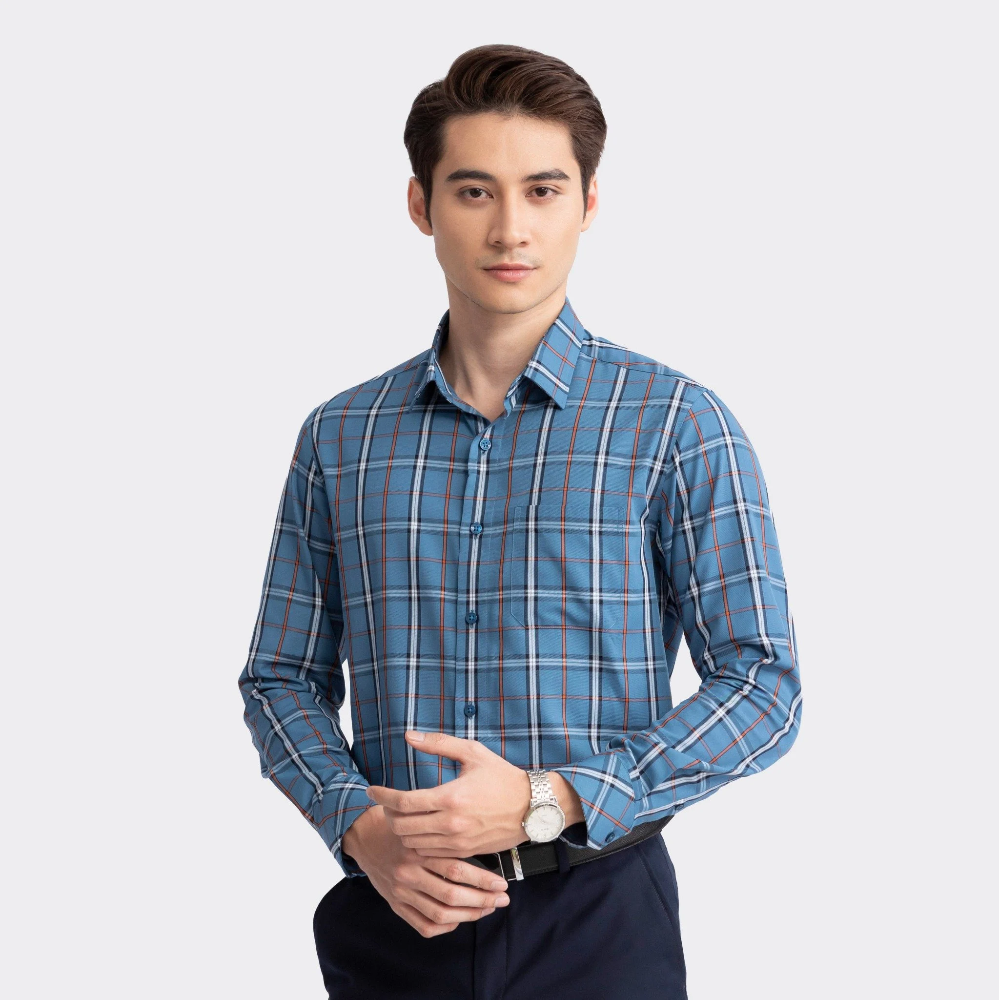 Aristino - Áo Sơ Mi Xanh Kẻ Cam Nam Aristino ALS19302