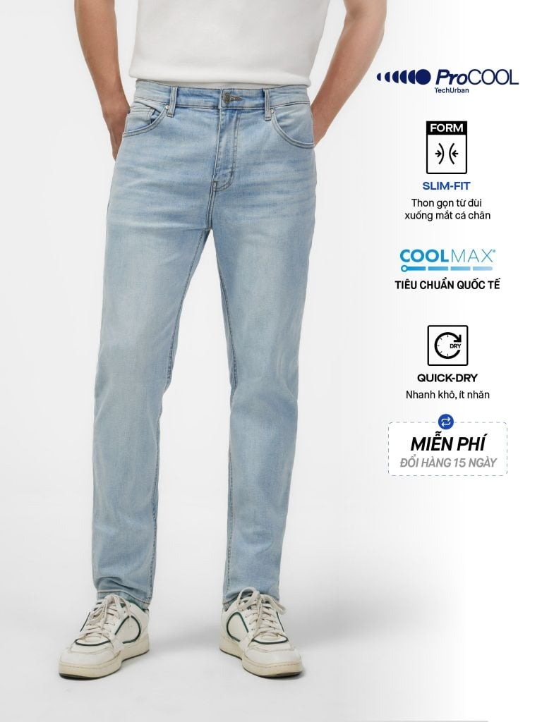 ICON DENIM Quần Jean Nam Siêu Mát Ống Ôm ProCOOL Light Blue Form Slim Fit QJID0227