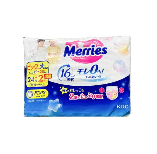 Bỉm (Tã) cao cấp Merries - Size: XXL24+2 (loại quần) - 4901301443021