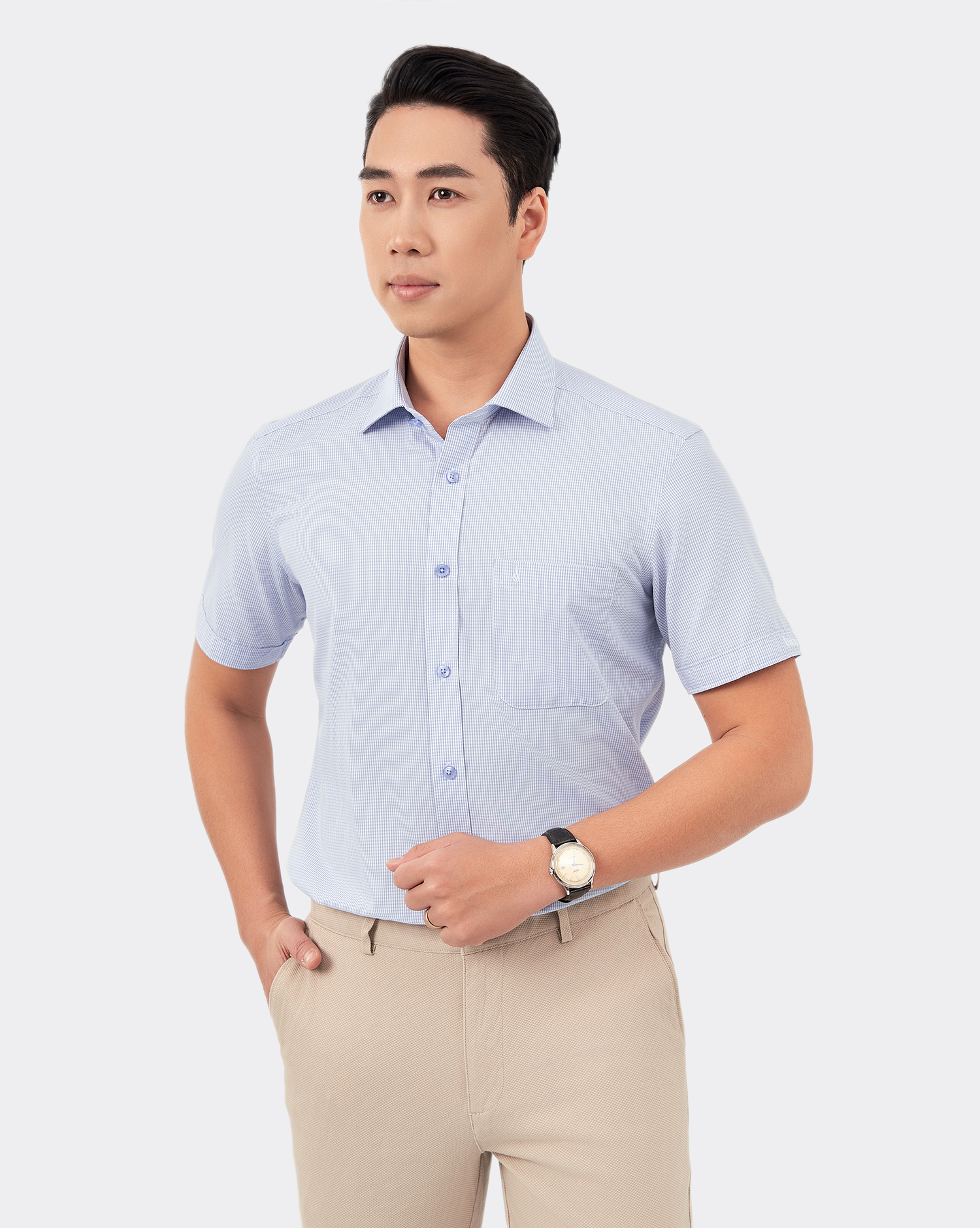 Áo sơ mi ngắn tay nam dáng regular màu xanh lơ 4024C