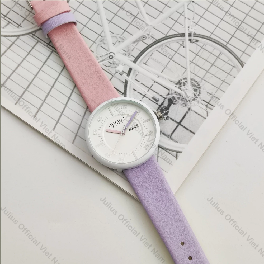 Đồng hồ nữ dây da sắc màu, đồng hồ thời trang nữ, đồng hồ trẻ em Julius JA-1492C (Hồng)