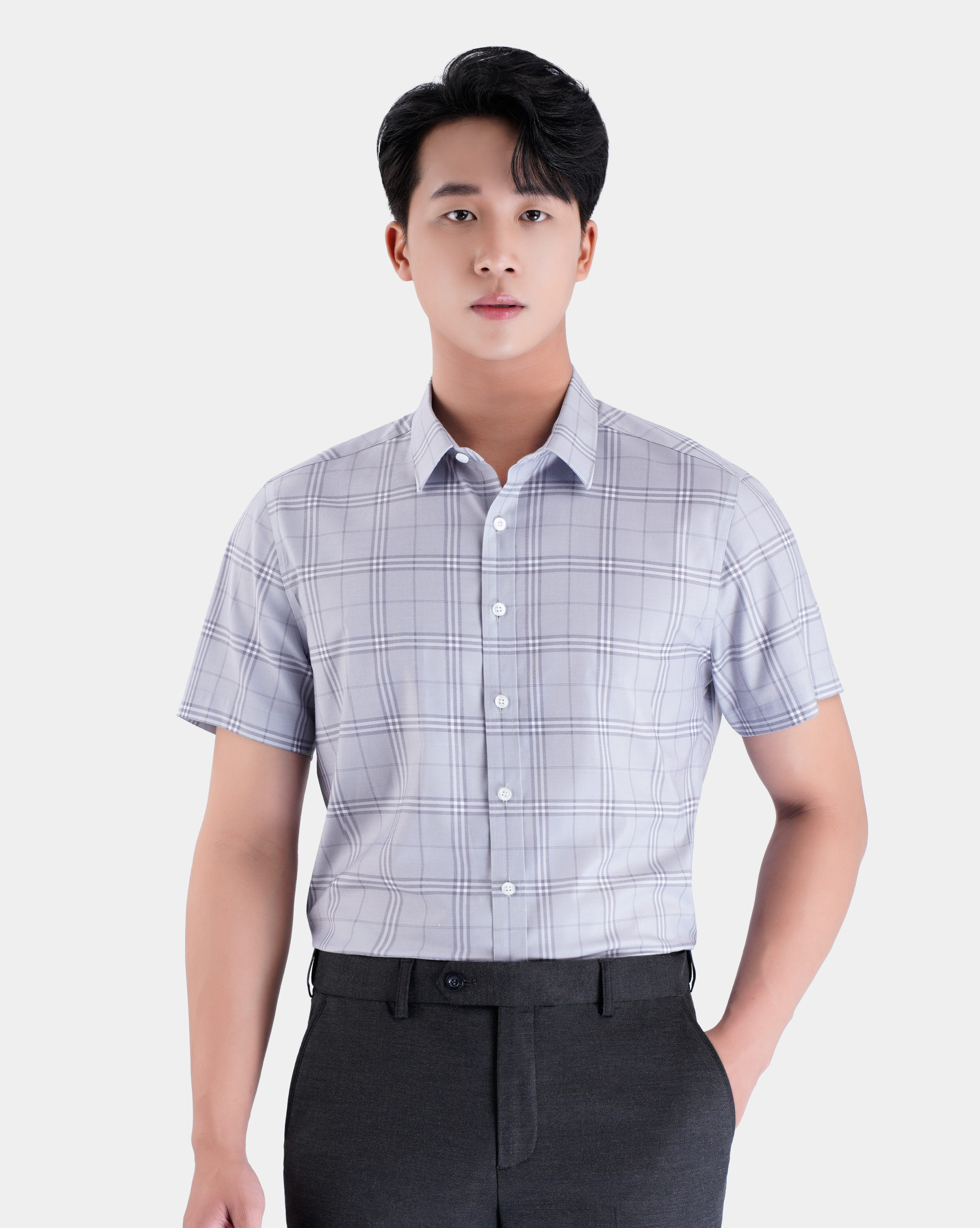 Áo sơ mi ngắn tay nam họa tiết kẻ màu xám 4029A