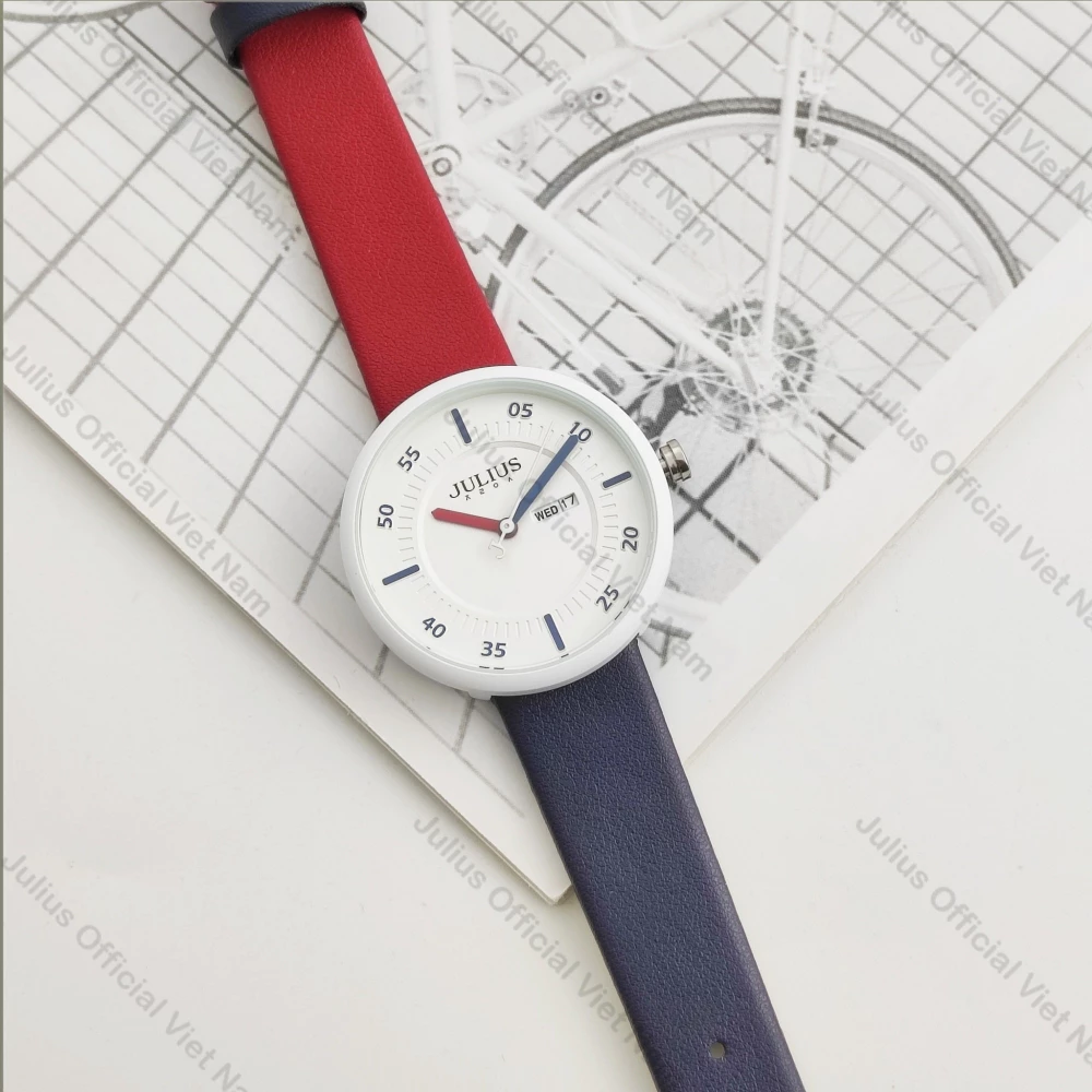 Đồng hồ nữ dây da sắc màu, đồng hồ thời trang nữ, đồng hồ trẻ em Julius JA-1492F (Đỏ)
