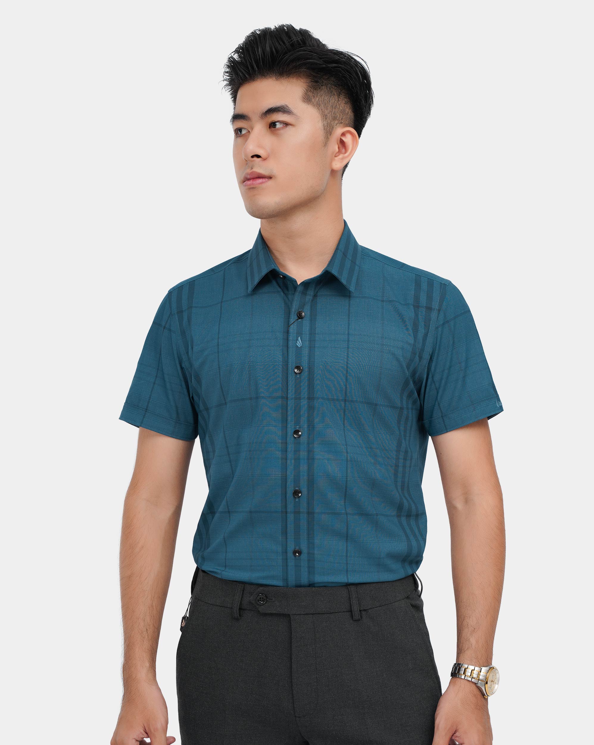 Áo sơ mi ngắn tay nam họa tiết kẻ màu xanh 4032A