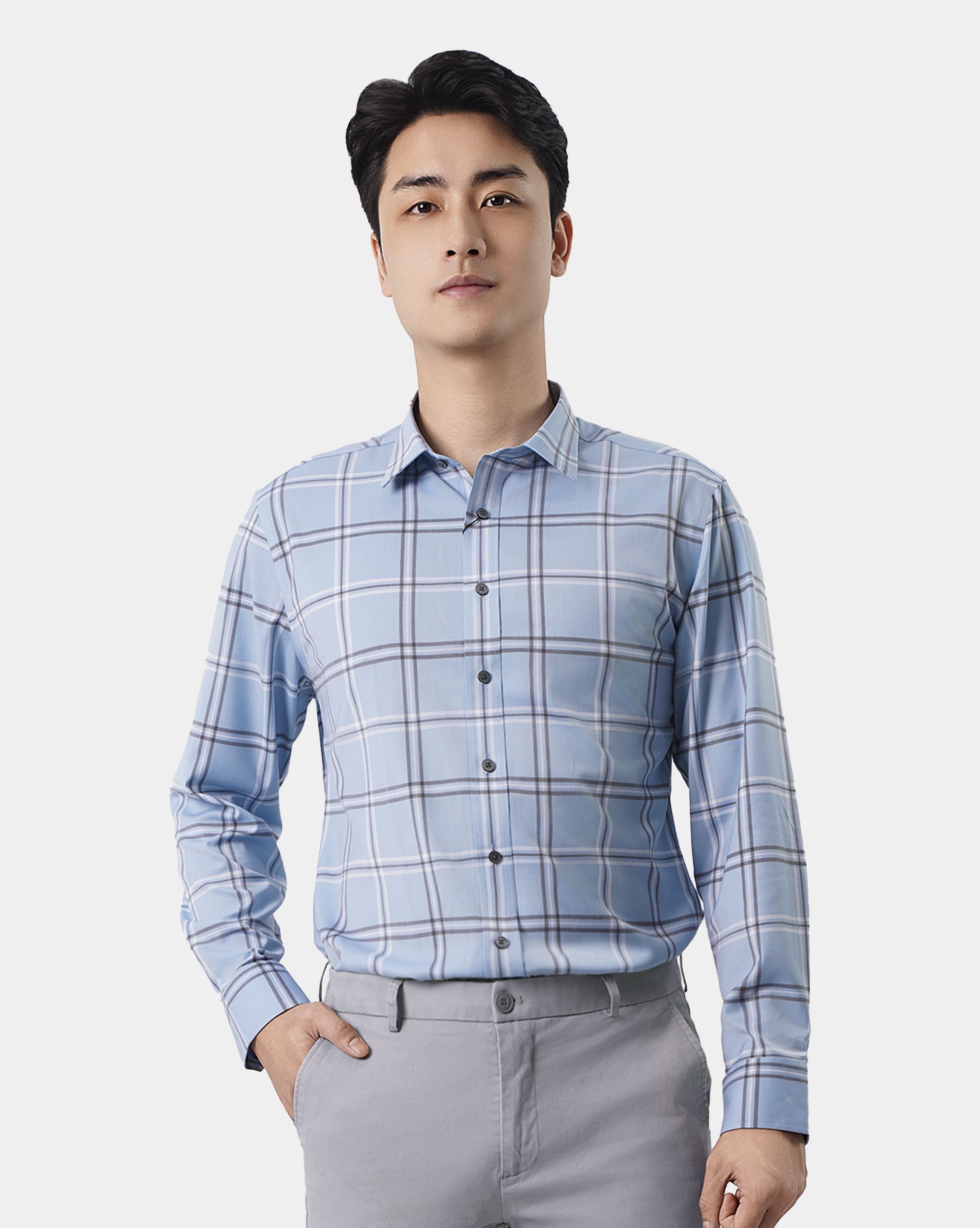 Áo sơ mi dài tay nam họa tiết kẻ ô màu xanh đá 4048A