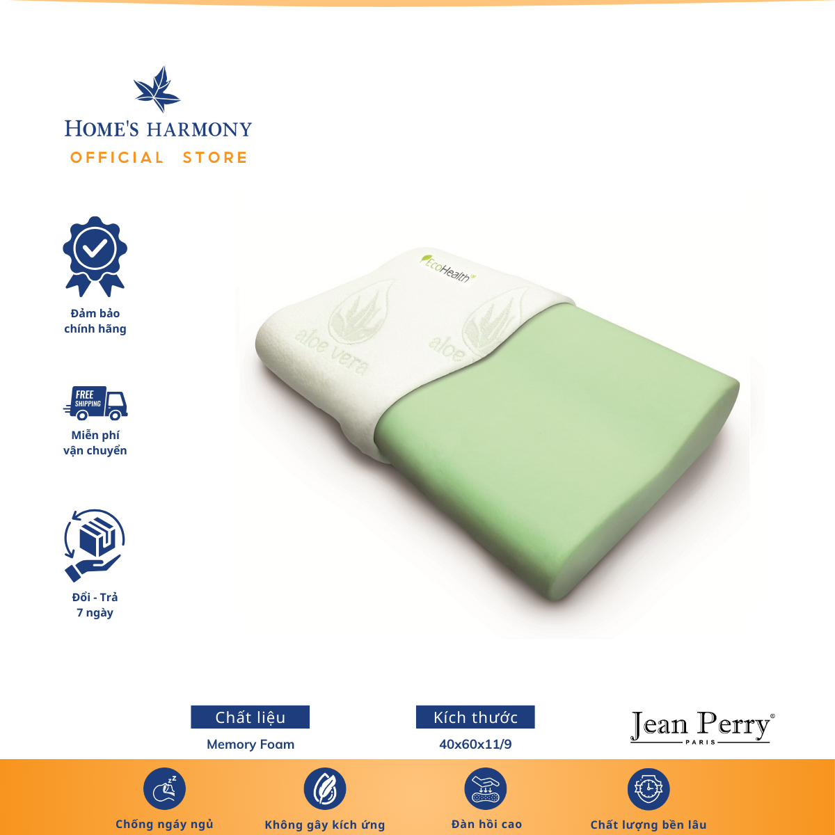 Gối Nằm Memory Foam Jean Perry Aloe Vera Cao Cấp, Giảm căng thẳng, Dễ Bảo Quản