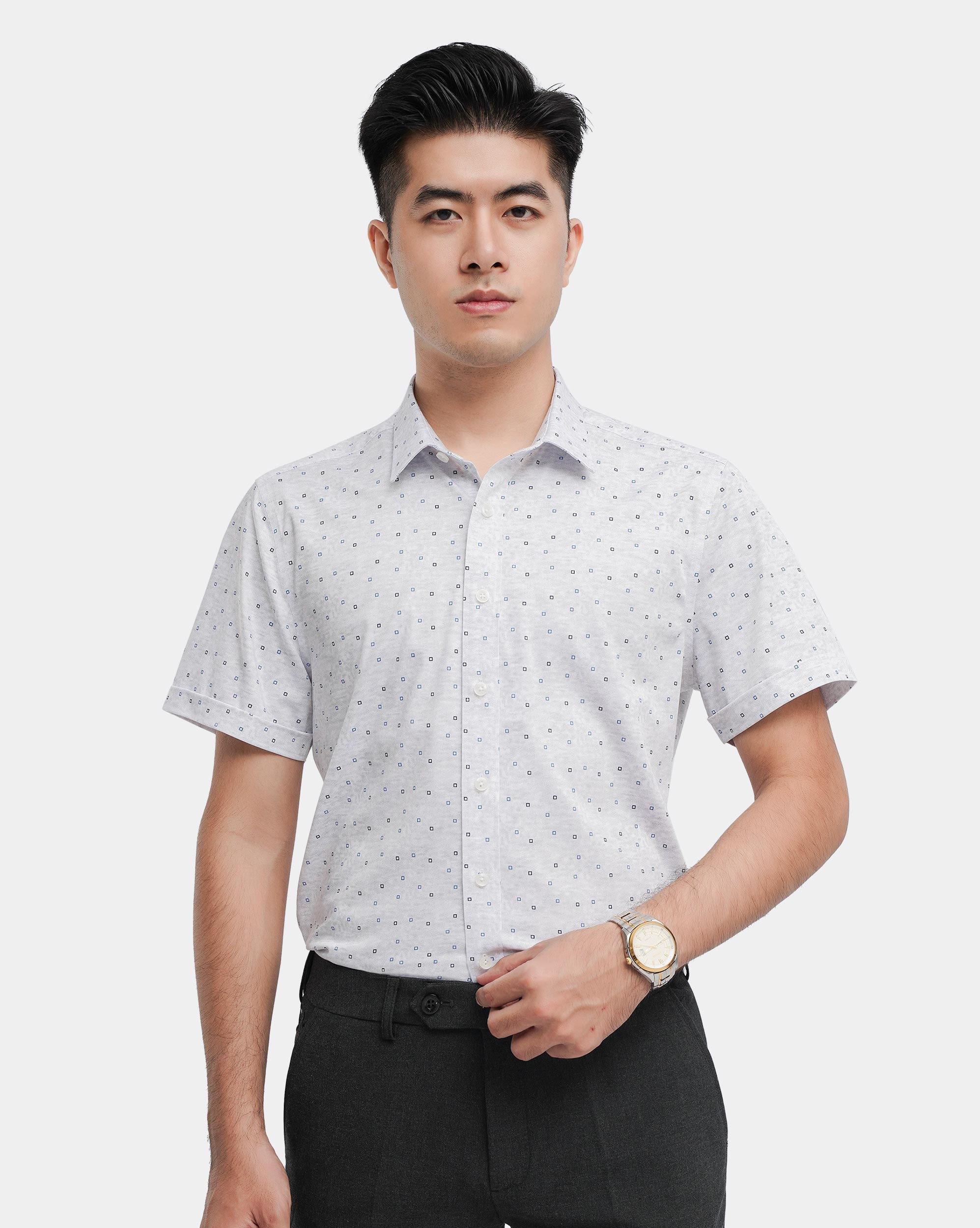 Áo sơ mi ngắn tay nam in họa tiết chấm vuông 4040A
