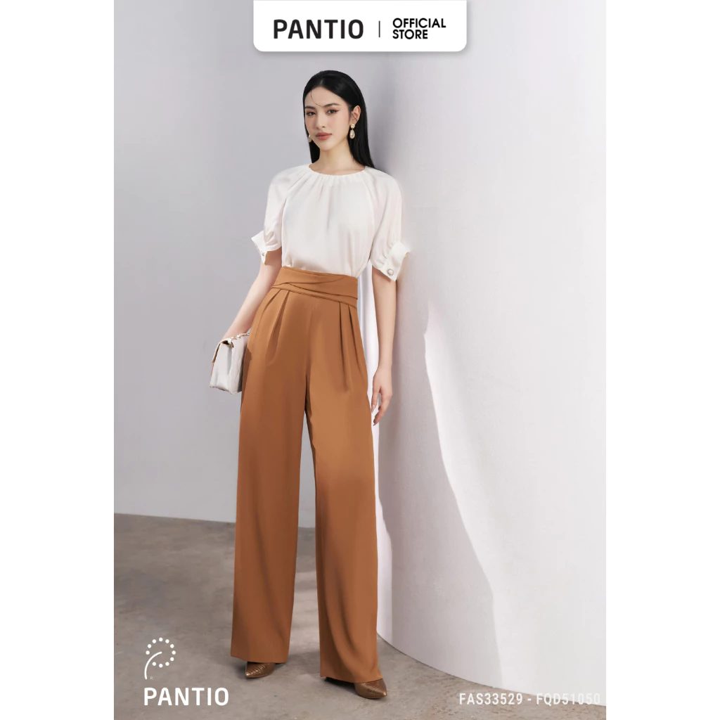 FQD51050 - Quần công sở vải tuytsi dáng suông ống rộng cạp rời phối mí trang trí khóa thân sau - PANTIO