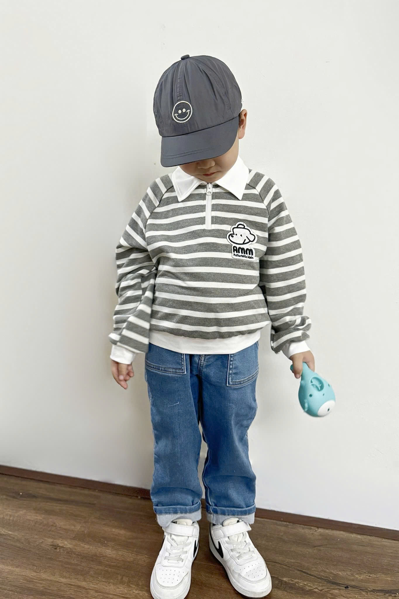 Áo polo bé trai vải kẻ in họa tiết chú chó