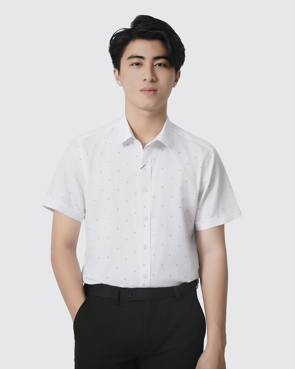 Áo sơ mi ngăn tay nam màu trắng in họa tiết 4045W