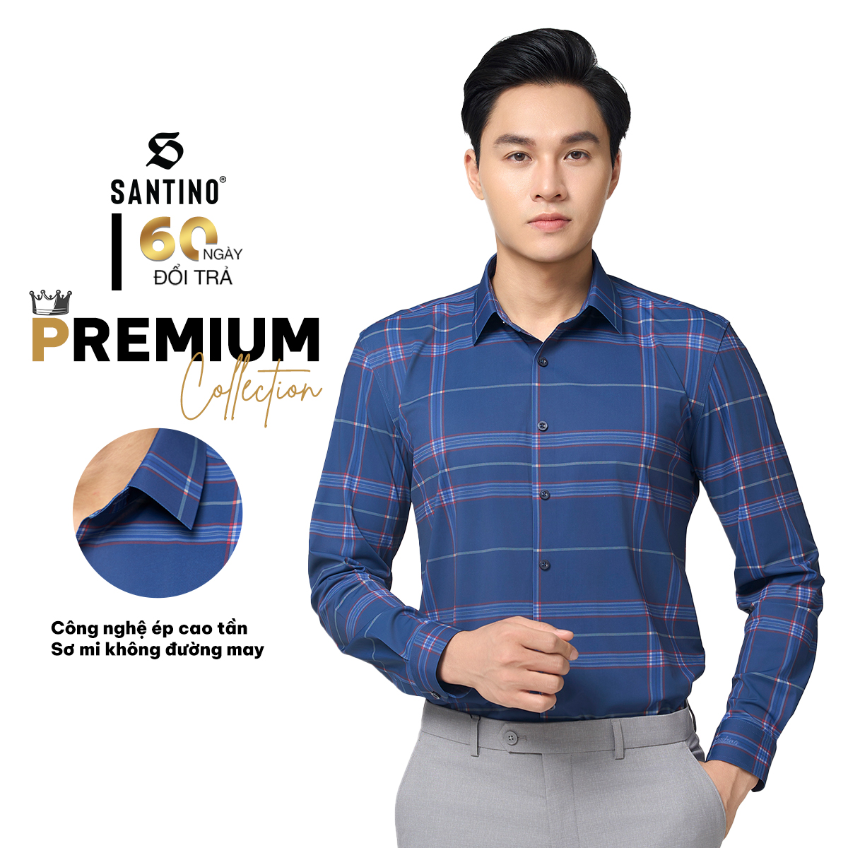 SANTINO - Áo Sơ Mi Nam Dài Tay Kẻ Sọc Caro Cao Cấp, Không Đường May, Chất Polyamide Chống Nhăn S762