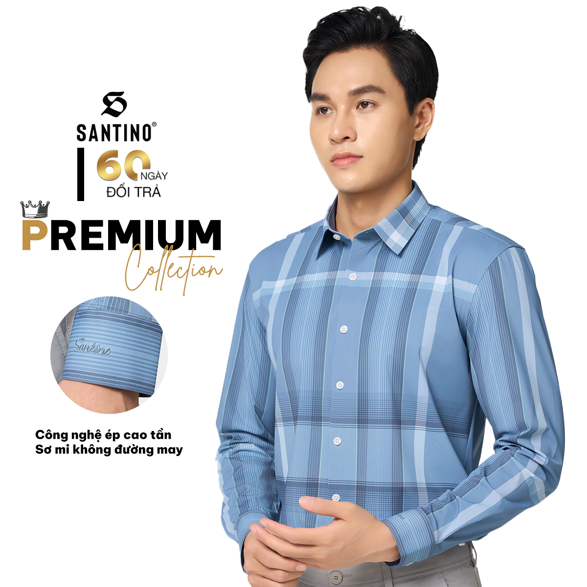 SANTINO - Áo Sơ Mi Nam Dài Tay Kẻ Sọc Caro Cao Cấp, Không Đường May, Chất Polyamide Chống Nhăn S759