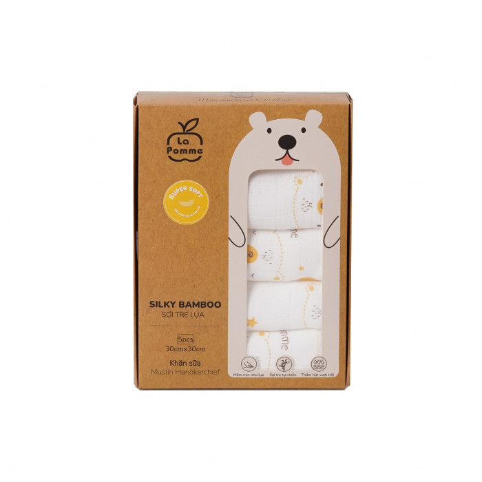 MamanBébé - K001 Set 5 Khăn sữa sợi tre lụa La Pomme phối màu (30x30cm) - Gấu vàng